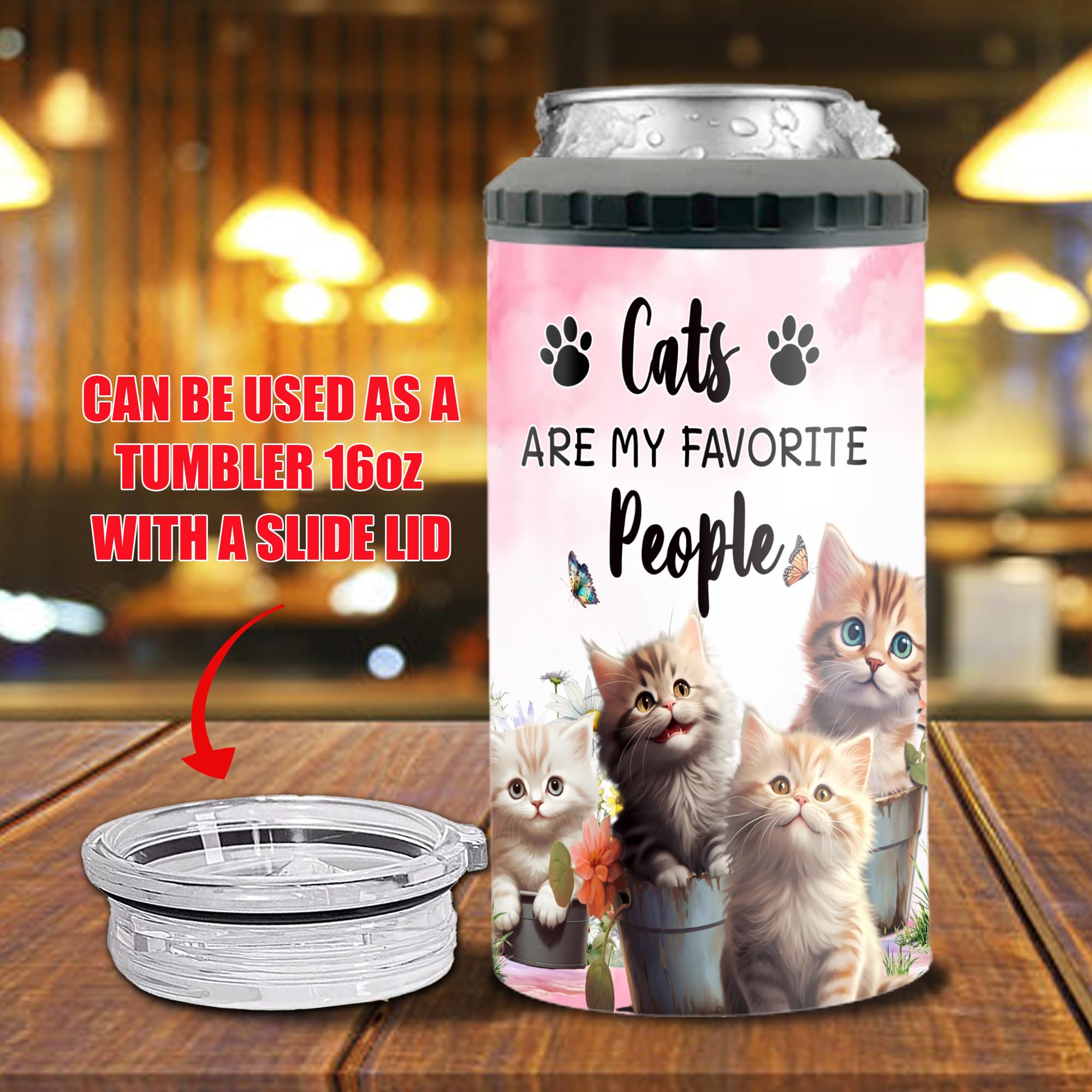 Cat Tumbler With Lid Holder 12oz Cans Personalized Cute Cats Are My Favorite People Custom Name Can Cooler 4-in-1 Insulated Stainless Steel 16oz Funny Gift For Women Men Pet Lovers Christmas - Image 4