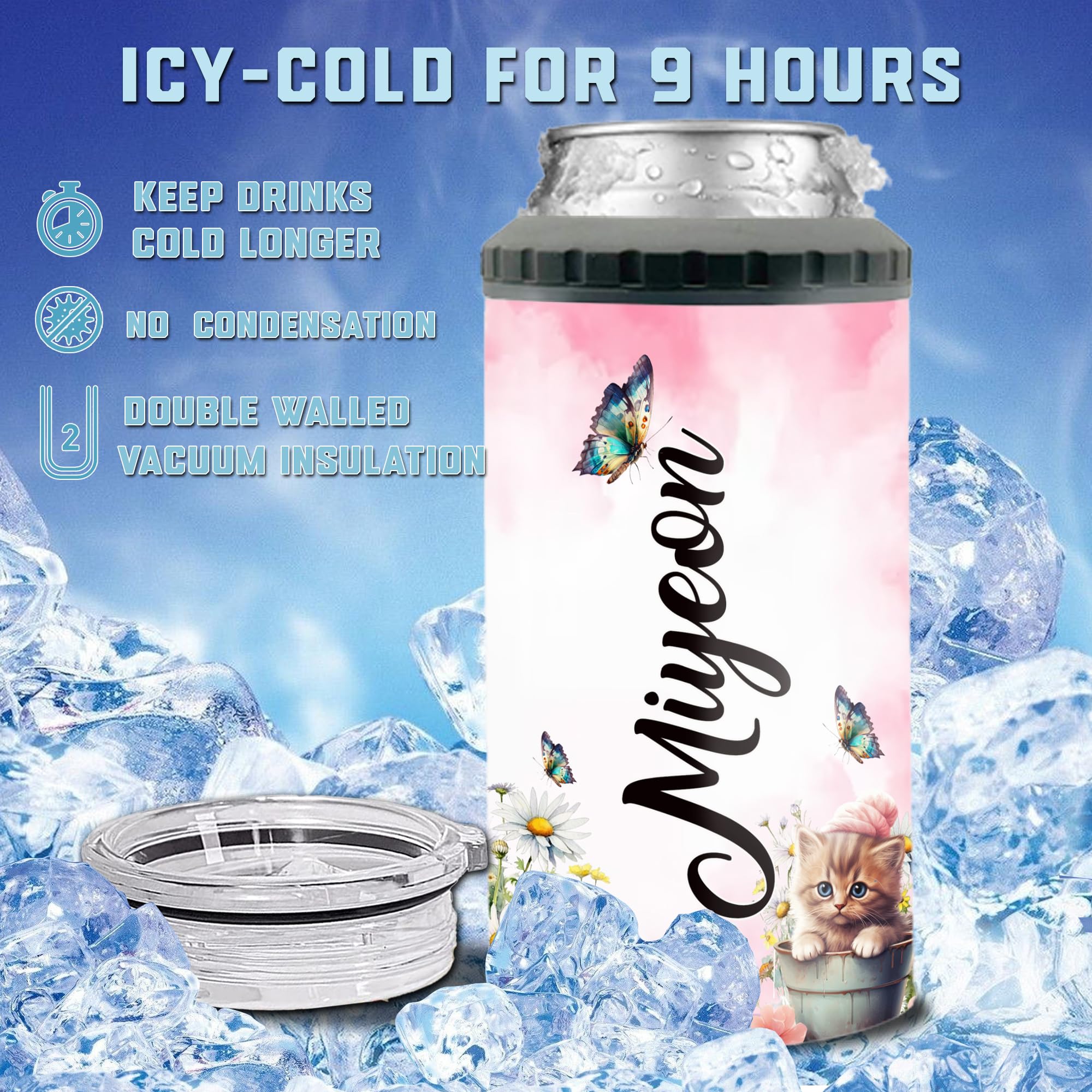 Cat Tumbler With Lid Holder 12oz Cans Personalized Cute Cats Are My Favorite People Custom Name Can Cooler 4-in-1 Insulated Stainless Steel 16oz Funny Gift For Women Men Pet Lovers Christmas - Image 5