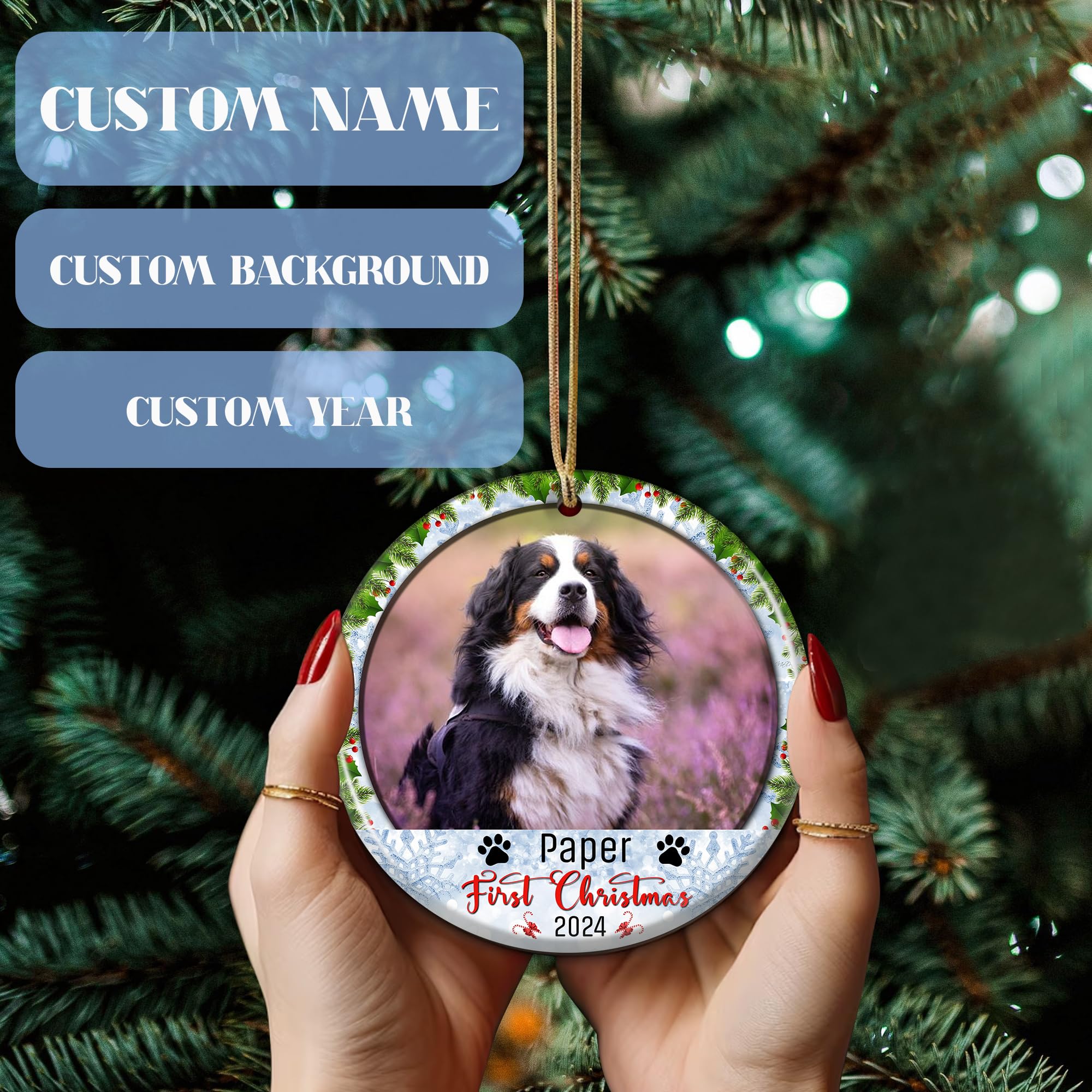 Custom Photo Dog First Christmas Ornament Personalized Name with Picture Round Ceramic Ornaments Puppy 1st Xmas Keepsake Gifts New Pet Lovers Owners Dogs Mom Dad Hanging Decorations Home Tree - Image 3