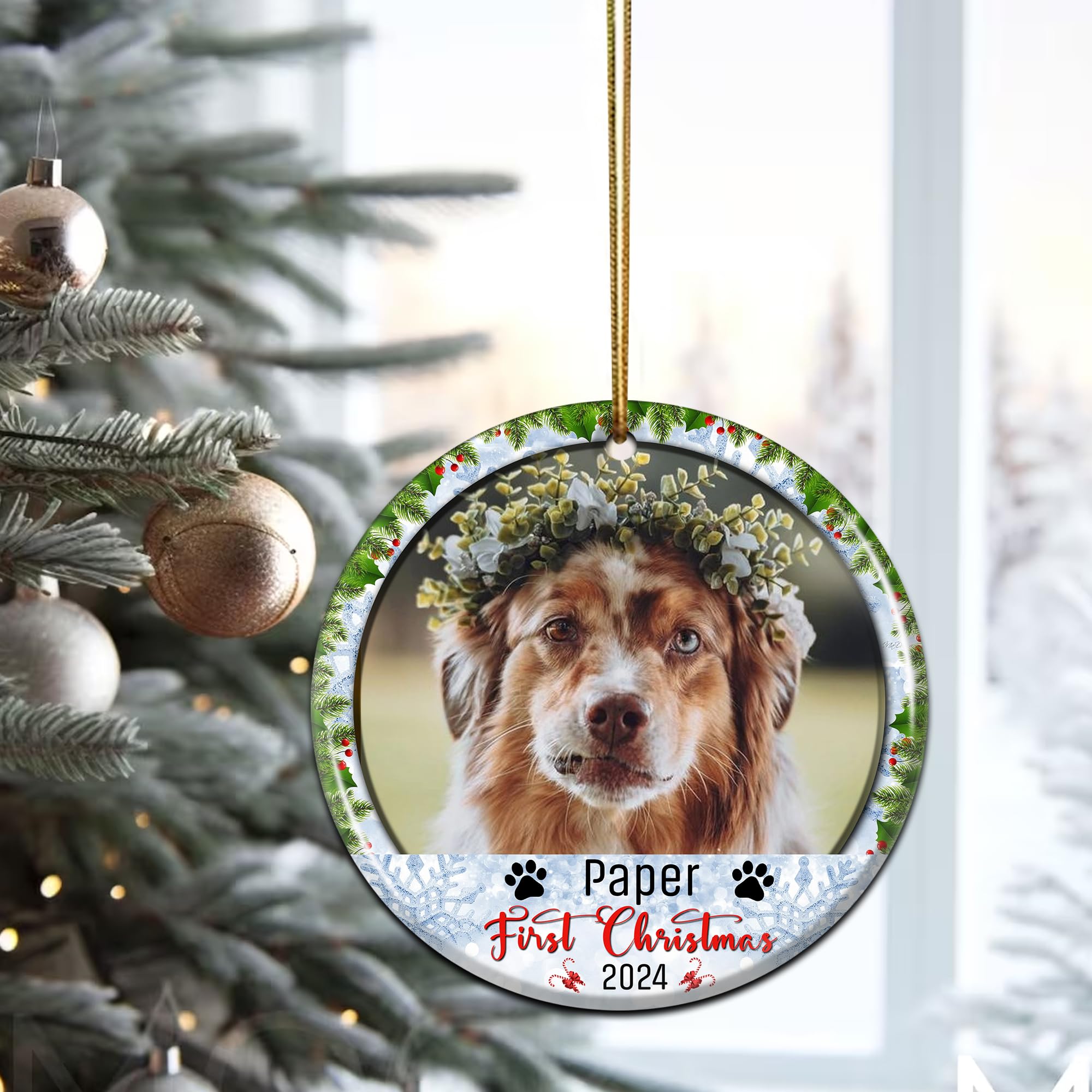 Custom Photo Dog First Christmas Ornament Personalized Name with Picture Round Ceramic Ornaments Puppy 1st Xmas Keepsake Gifts New Pet Lovers Owners Dogs Mom Dad Hanging Decorations Home Tree - Image 4