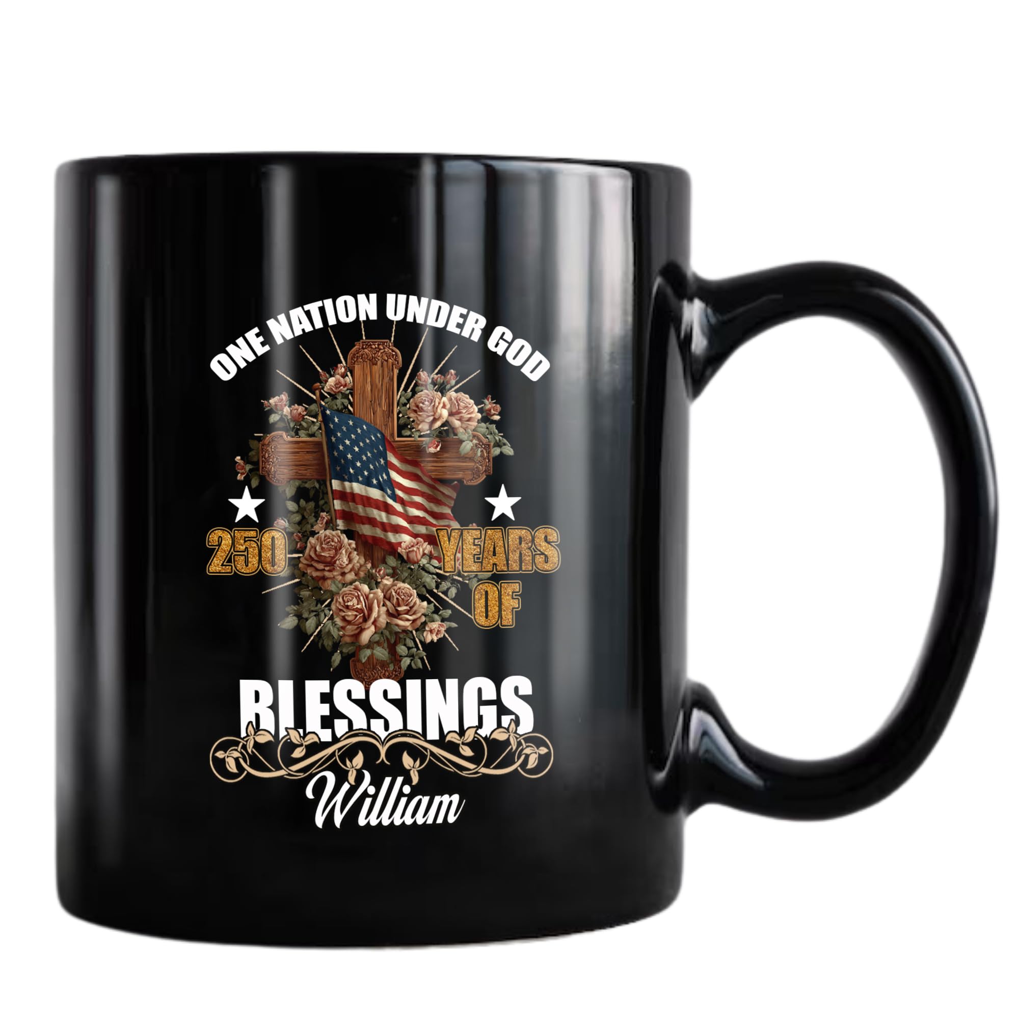 Dorric Personalized One Nation Under God Black Coffee Mug 250 Years of Blessings Patriotic Christian Cup with Cross and American Faith Inspired for Independence Day Veterans Military Church