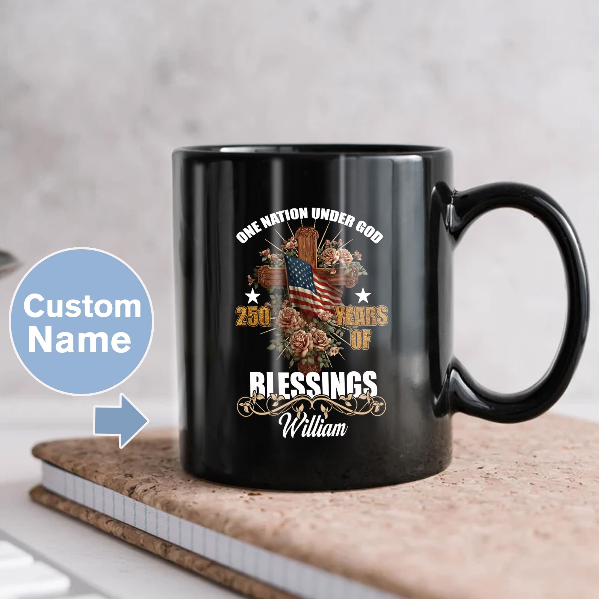 Dorric Personalized One Nation Under God Black Coffee Mug 250 Years of Blessings Patriotic Christian Cup with Cross and American Faith Inspired for Independence Day Veterans Military Church - Image 2