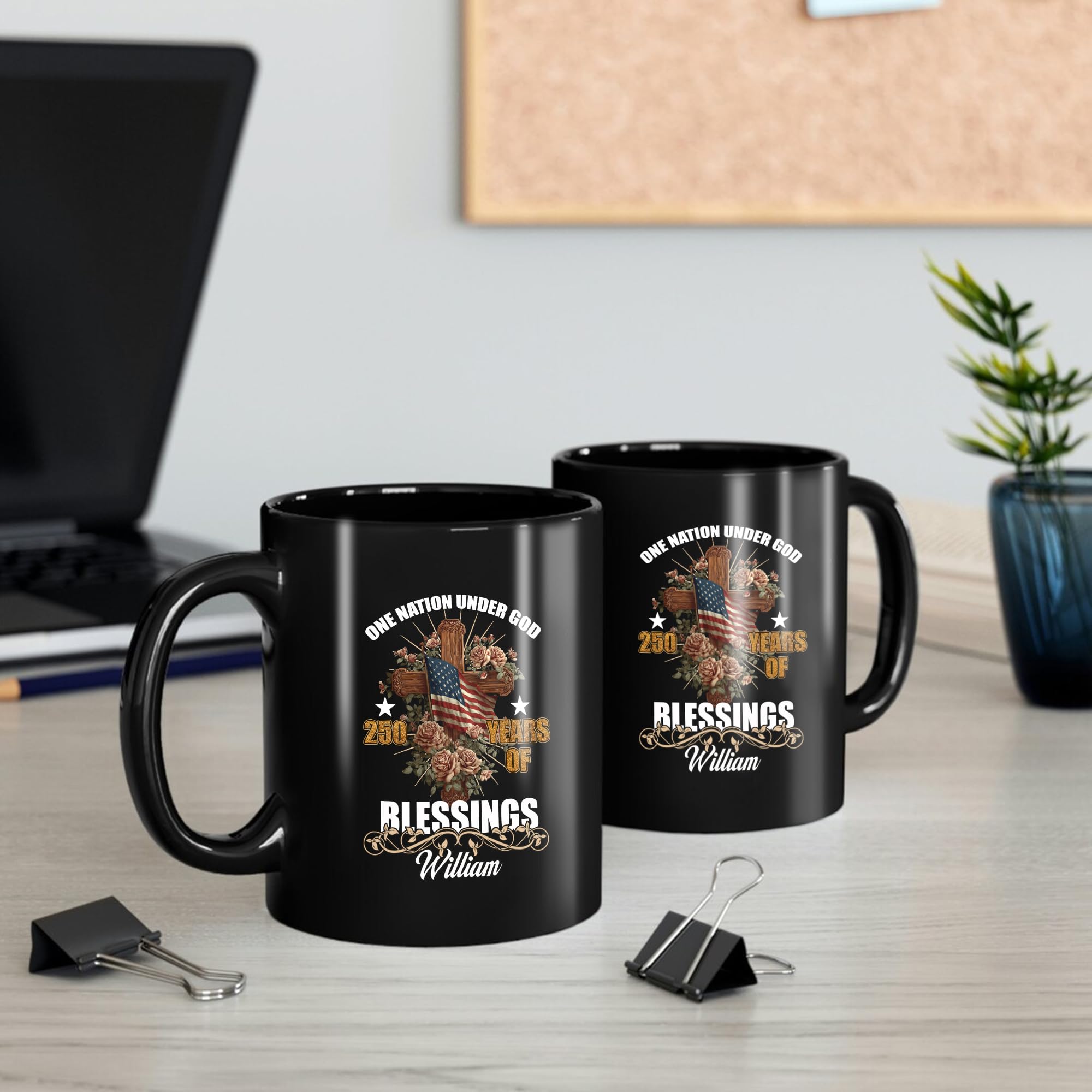 Dorric Personalized One Nation Under God Black Coffee Mug 250 Years of Blessings Patriotic Christian Cup with Cross and American Faith Inspired for Independence Day Veterans Military Church - Image 3