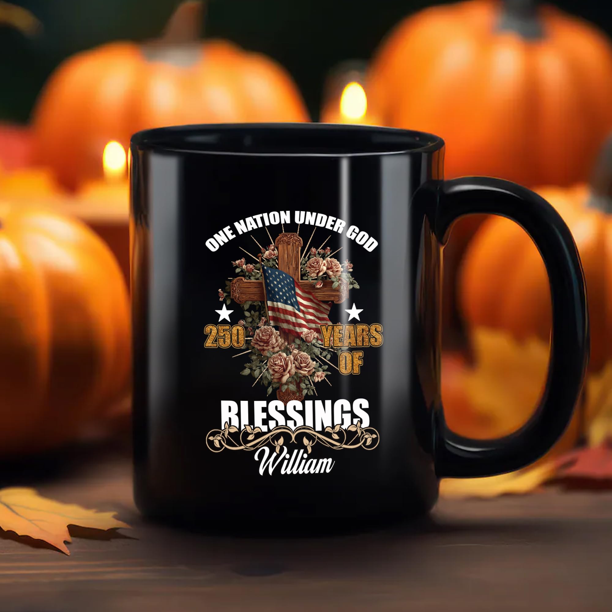 Dorric Personalized One Nation Under God Black Coffee Mug 250 Years of Blessings Patriotic Christian Cup with Cross and American Faith Inspired for Independence Day Veterans Military Church - Image 4