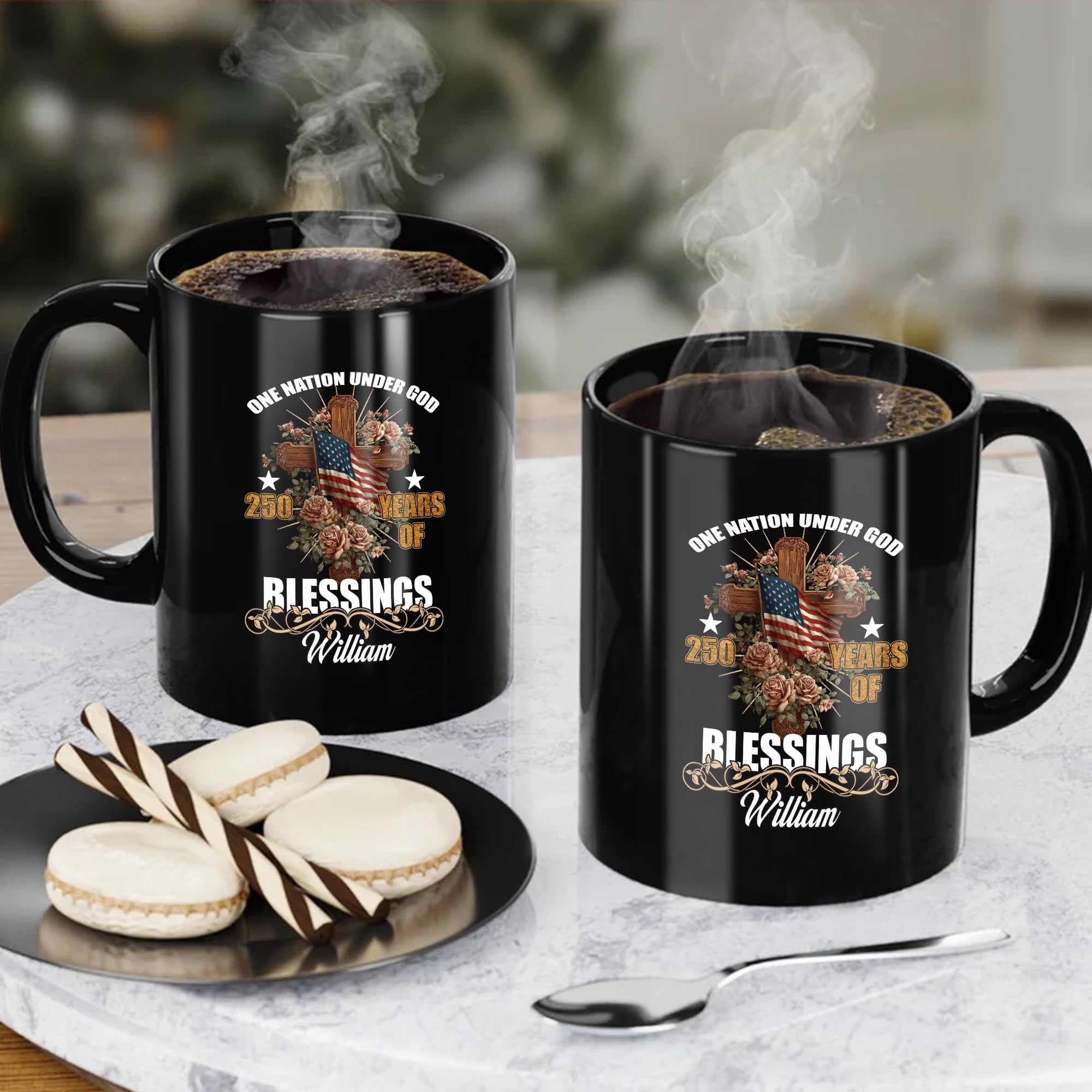 Dorric Personalized One Nation Under God Black Coffee Mug 250 Years of Blessings Patriotic Christian Cup with Cross and American Faith Inspired for Independence Day Veterans Military Church - Image 5