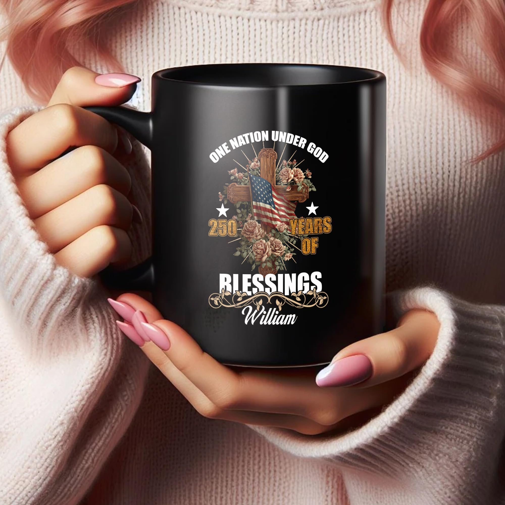 Dorric Personalized One Nation Under God Black Coffee Mug 250 Years of Blessings Patriotic Christian Cup with Cross and American Faith Inspired for Independence Day Veterans Military Church - Image 6