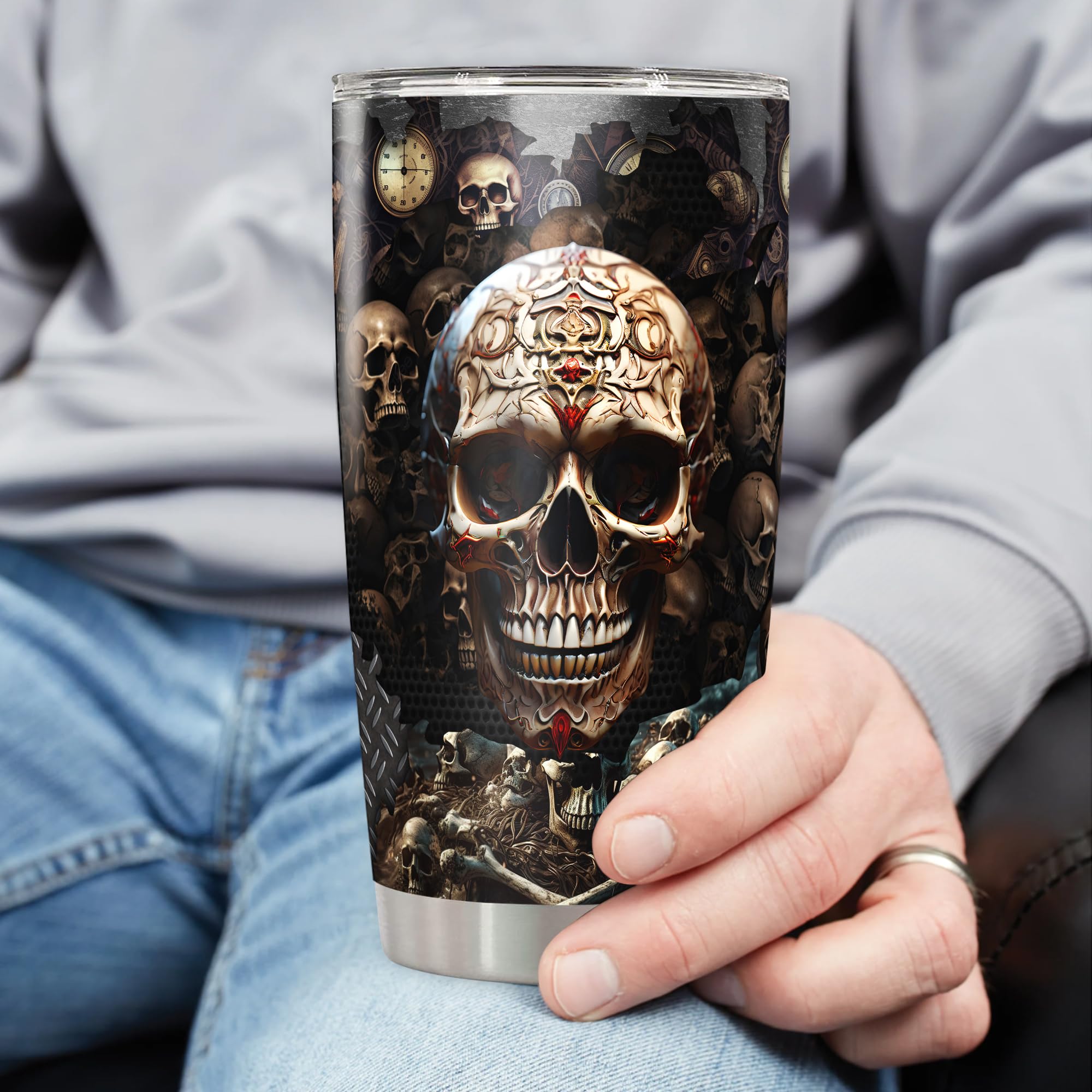 Dorric Skull Tumbler Personalized Halloween Mugs Travel Coffee Insulated Cup with Lid Stainless Steel 20Oz 30Oz Skulls Gifts for Men Husband - Image 3