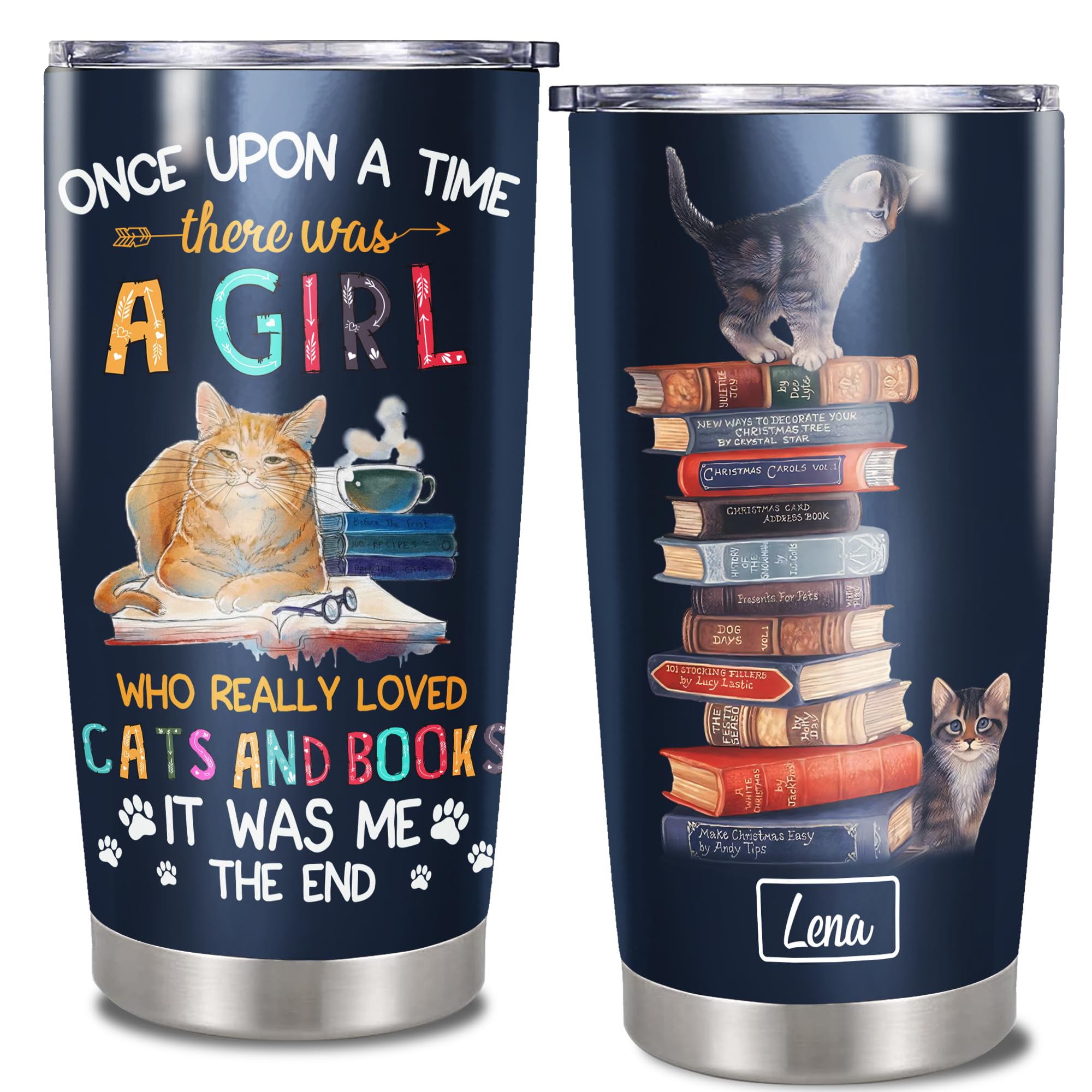 Dorris Personalized Cat Tumbler Cup With Lid A Girl Who Love Cats And Books Insulated Travel Coffee Mug 20oz 30oz Customized Name Tumblers Birthday Christmas Gifts For Women Mom Pet Lover