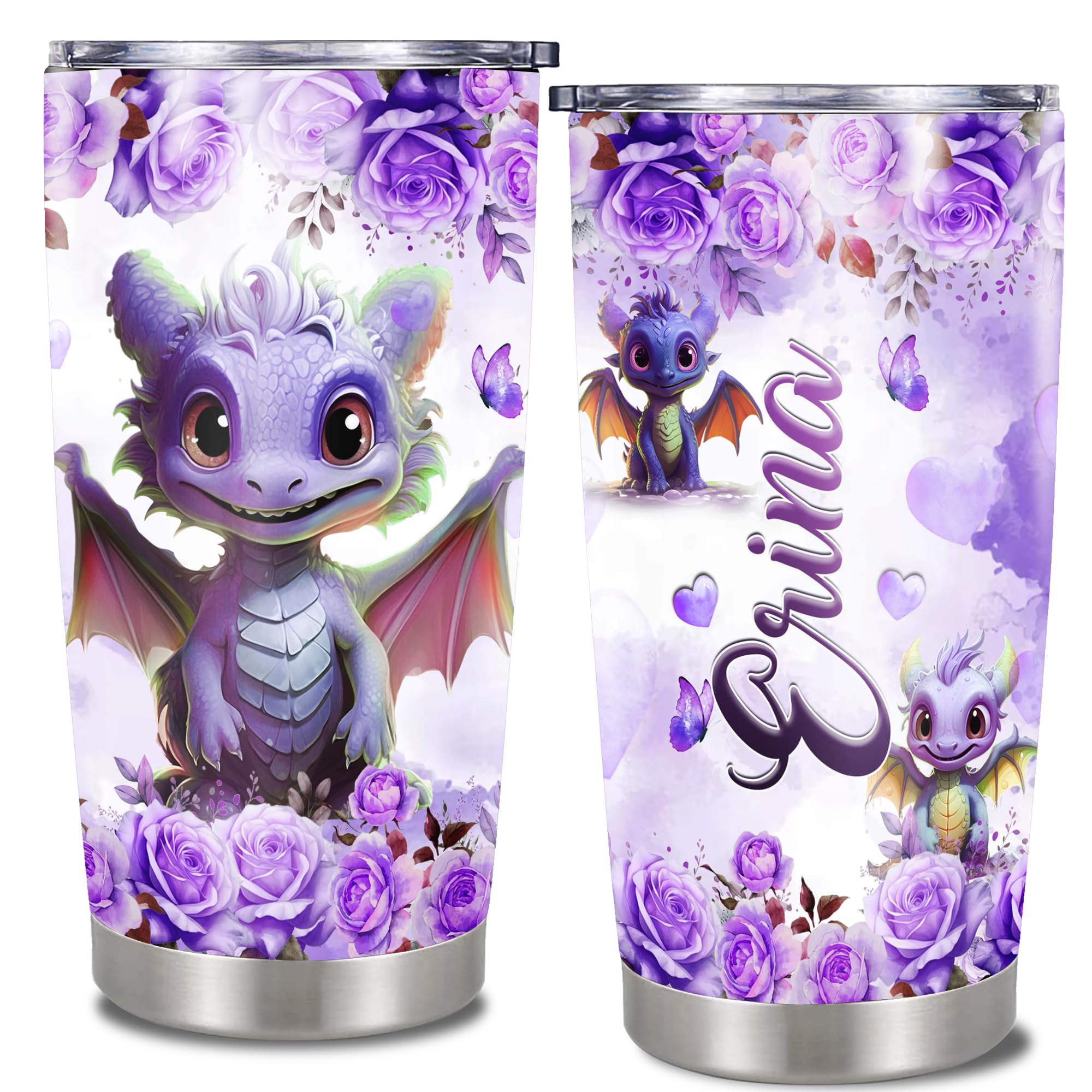 Dorris Personalized Dragon Tumbler With Lid Customized Name Dragons Thermal Mug Stainless Steel 20Oz 30Oz Insulated Coffee Cups Water Bottle Dragon Gifts for Women Mom Birthday