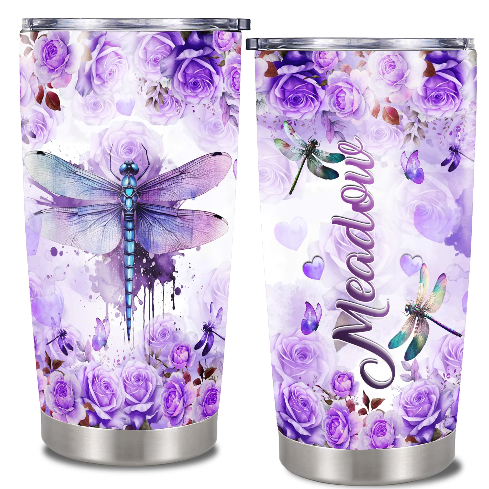 Dorris Personalized Dragonfly Tumbler Insulated Cup With Lid Customized Name Travel Coffee Mug For Women Mom Girls Water Bottle Gifts Mothers Day Birthday