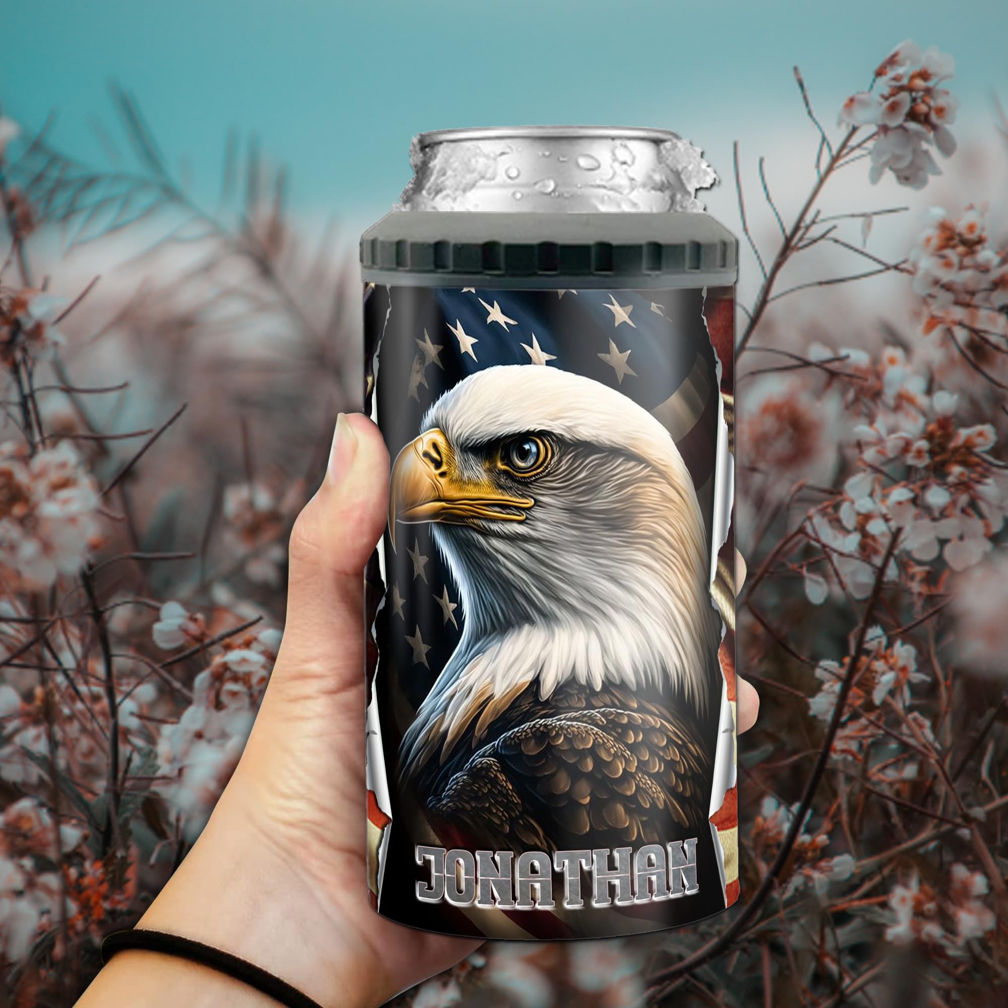 Dorris Personalized Eagle America Can Cooler 4-in-1 Insulated 16oz Stainless Steel Tumbler With Lid Customized Name Holder Cups Gifts For Husband Fathers Veteran Day Christmas American USA Flag Style - Image 3