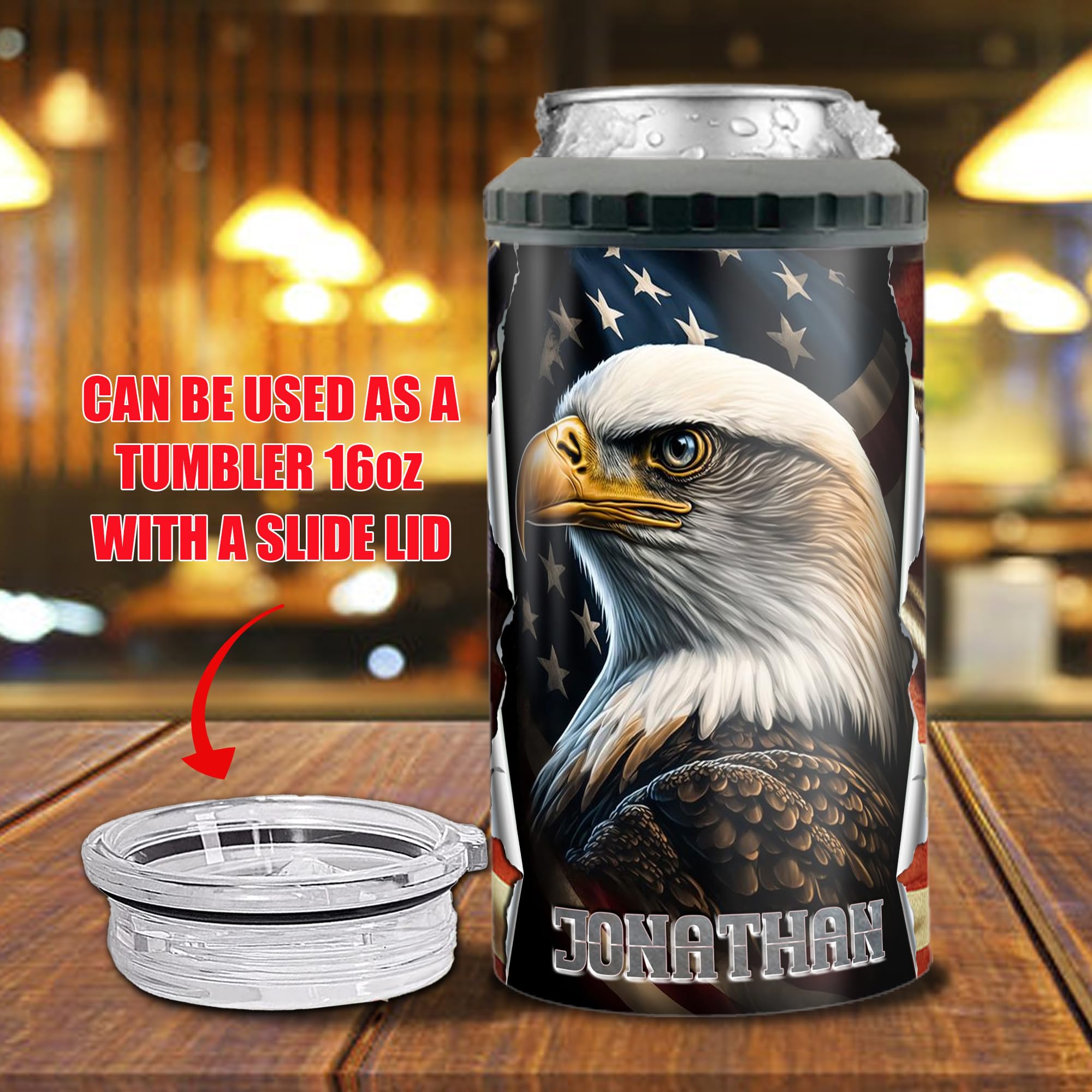 Dorris Personalized Eagle America Can Cooler 4-in-1 Insulated 16oz Stainless Steel Tumbler With Lid Customized Name Holder Cups Gifts For Husband Fathers Veteran Day Christmas American USA Flag Style - Image 4