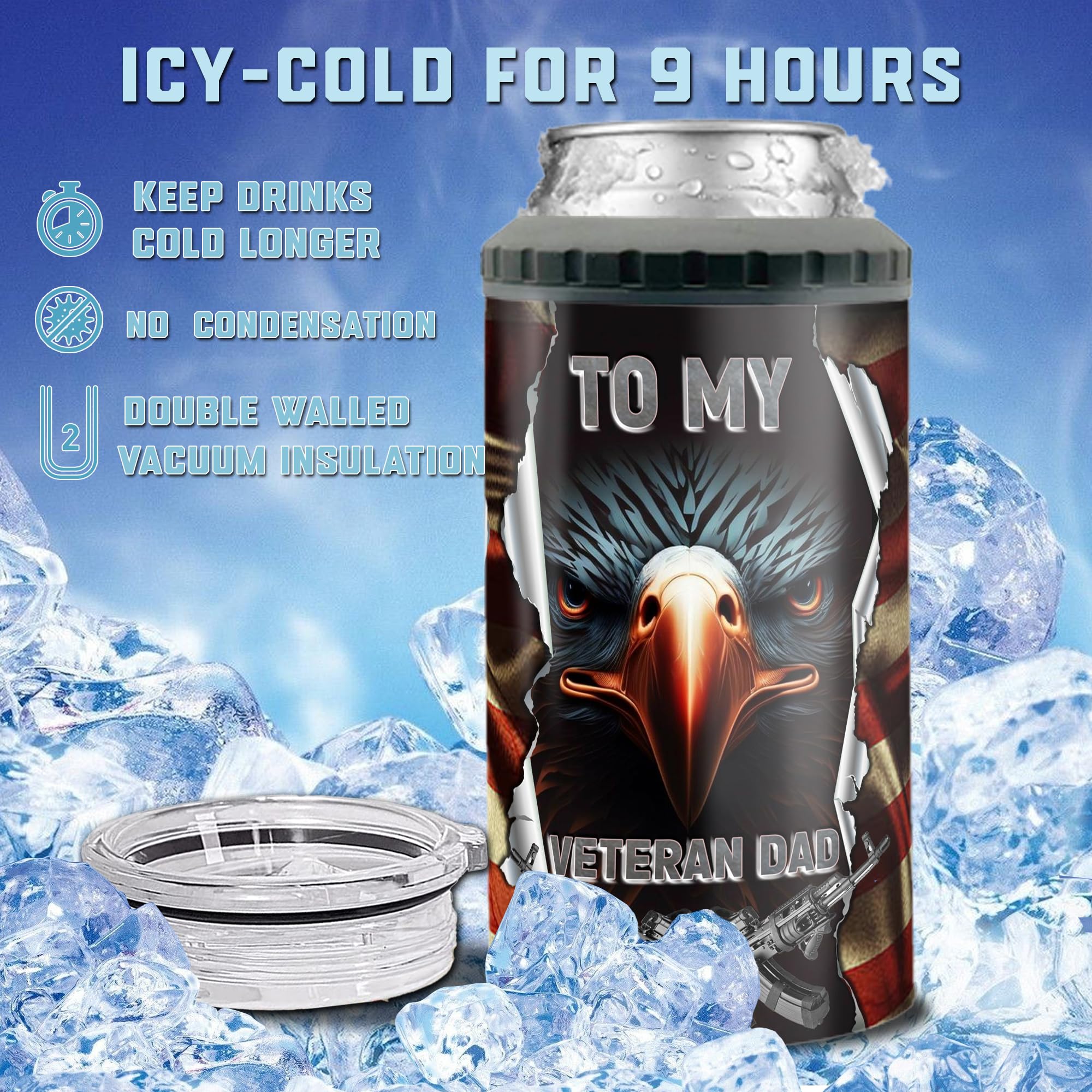 Dorris Personalized Eagle America Can Cooler 4-in-1 Insulated 16oz Stainless Steel Tumbler With Lid Customized Name Holder Cups Gifts For Husband Fathers Veteran Day Christmas American USA Flag Style - Image 5