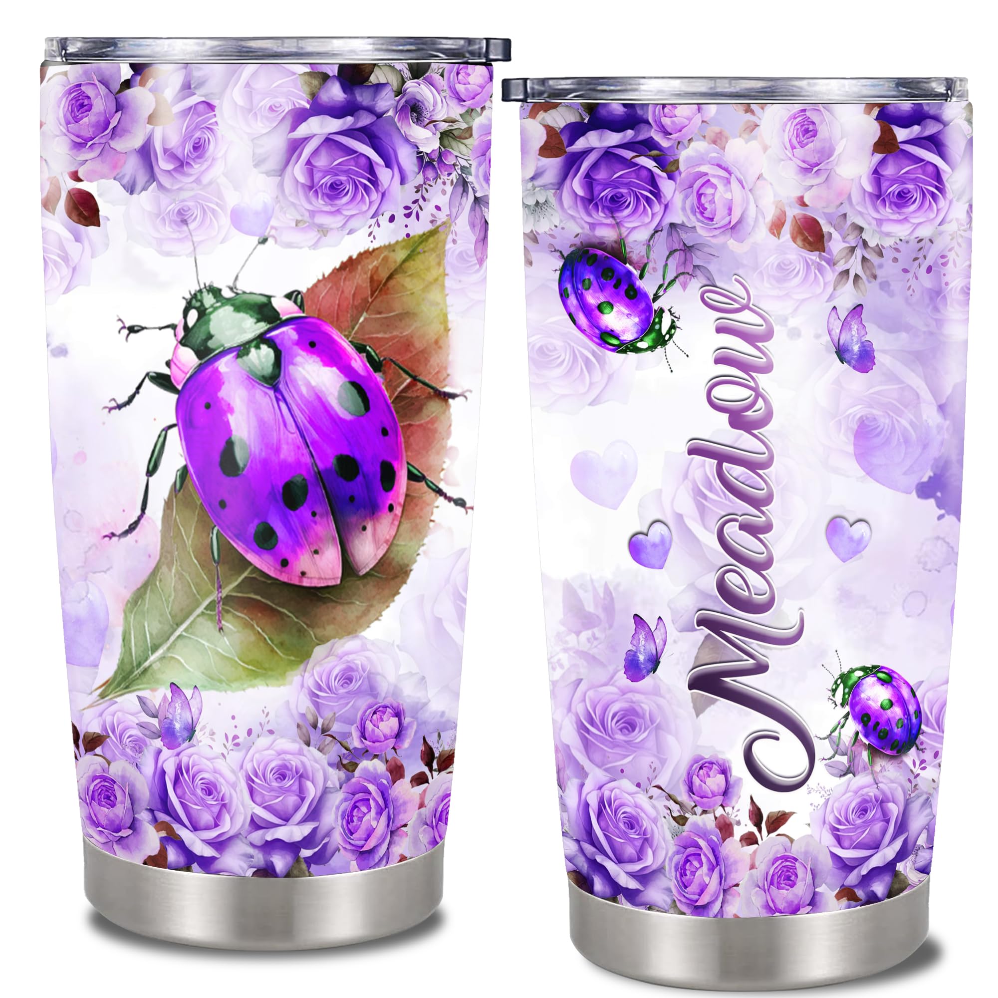 Dorris Personalized Ladybug Insulated Cups Tumbler With Lids Customize Name Tumblers Stainless Steel Travel Coffee Mugs Cup Bottles Gifts for Women Mom Girls on Birthday