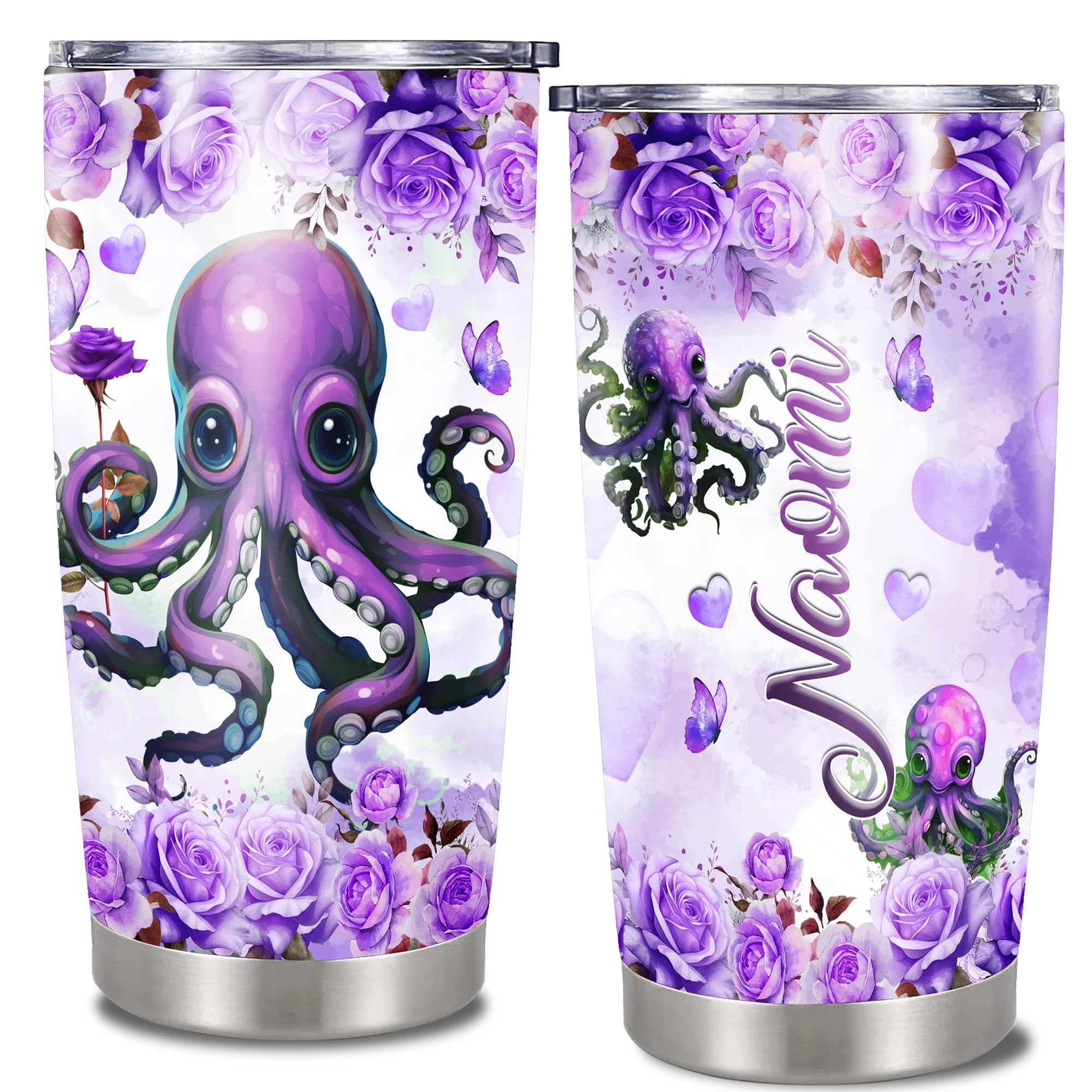 Dorris Personalized Octopus Tumbler Insulated Cup with Lid Customized Name Purple Travel Coffee Mugs Thermal Cups Novelty Gift For Women Girls Birthday