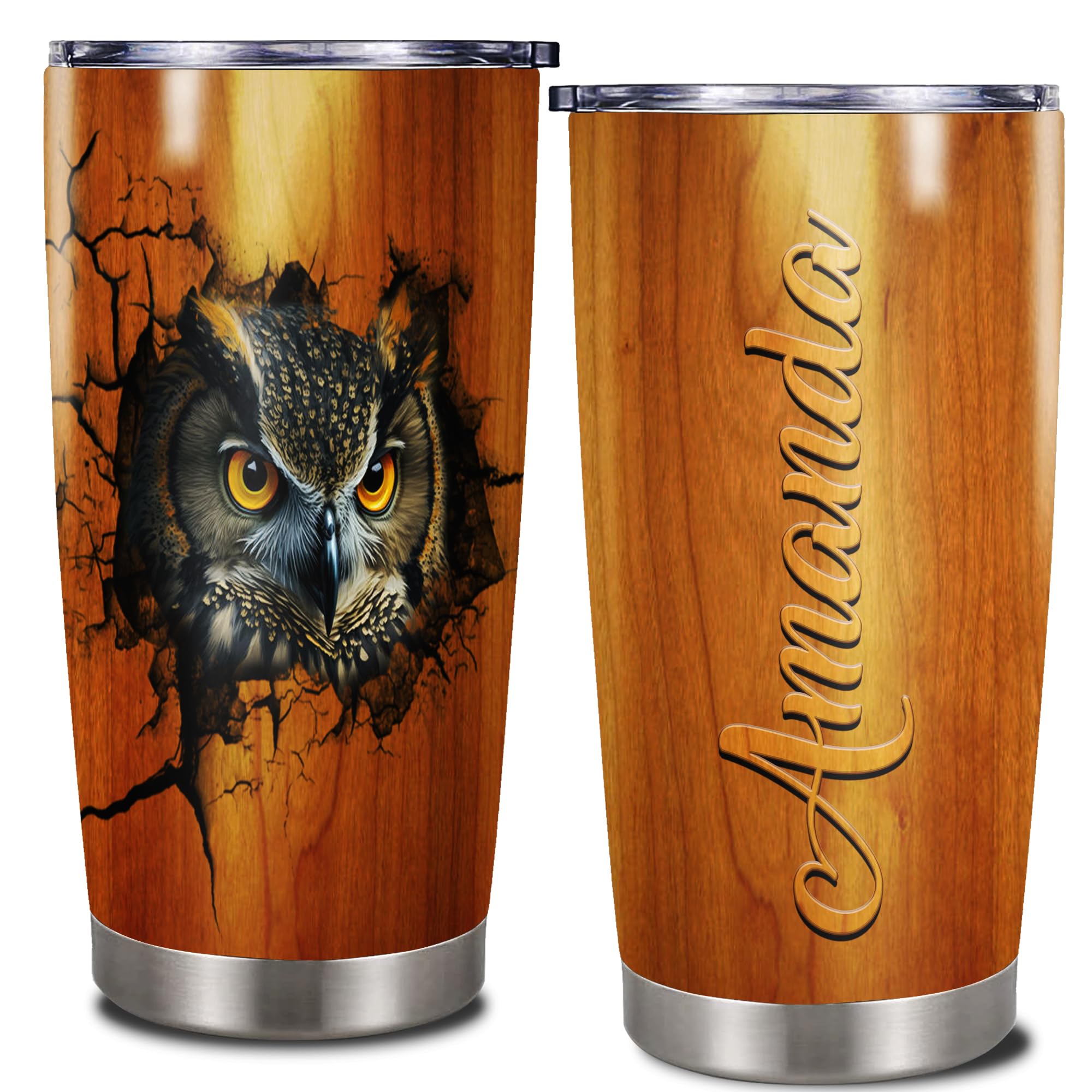 Dorris Personalized Owl Lover Tumbler Customized Name With Lid Stainless Steel Insulated Coffee Mug Cup Tumbler Printed Wood Style inspiration Gift For Women Girl Birthday