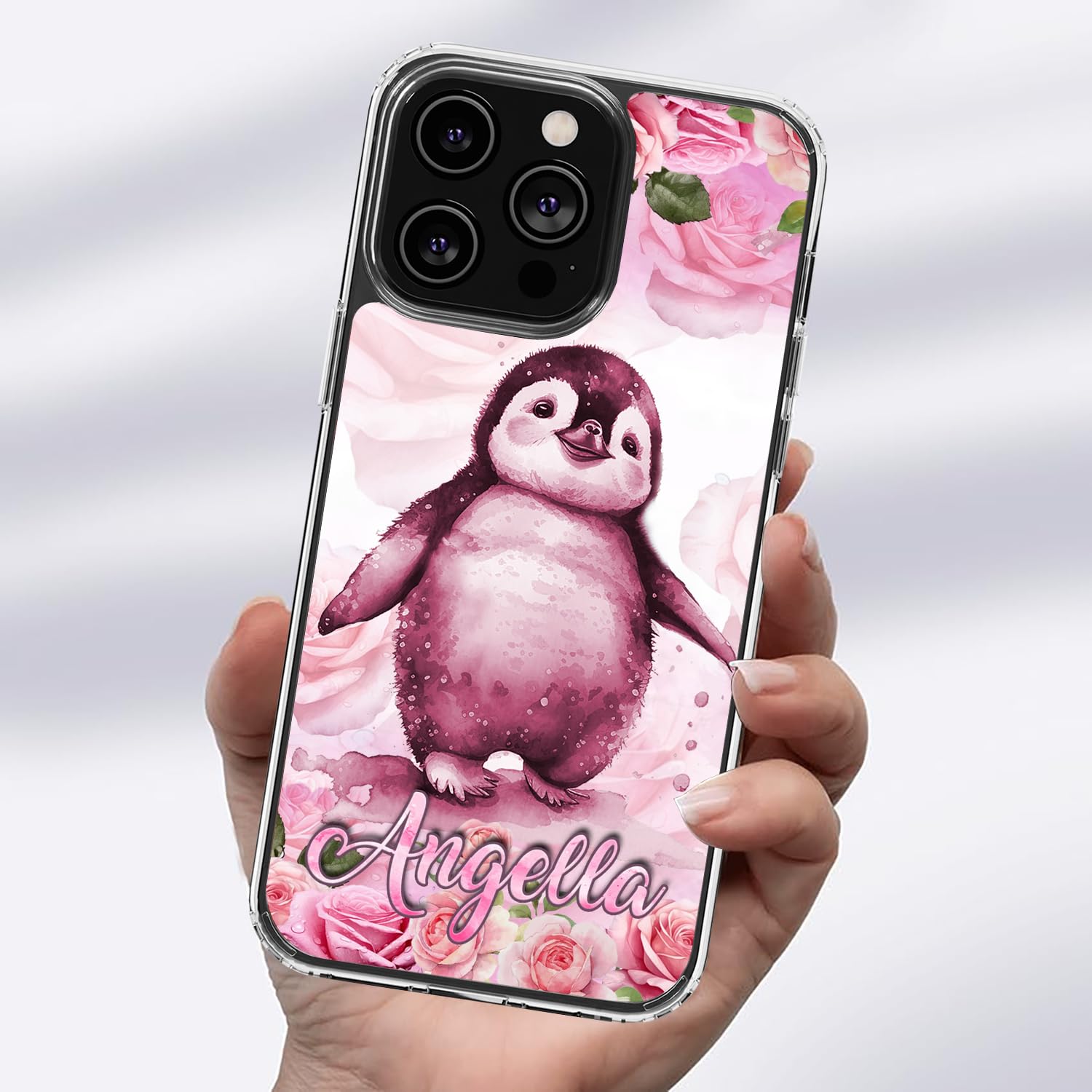 Dorris Personalized Penguin Phone Case Customized Name Penguins Pink Flowers Style Cover TPU Hard PC Shockproof Gift Birthday for Animal Lovers Compatible with iPhone 14 13 12 11 Plus Mini Pro Max - Image 3
