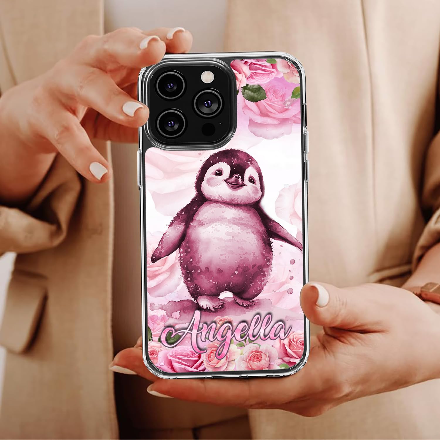 Dorris Personalized Penguin Phone Case Customized Name Penguins Pink Flowers Style Cover TPU Hard PC Shockproof Gift Birthday for Animal Lovers Compatible with iPhone 14 13 12 11 Plus Mini Pro Max - Image 4