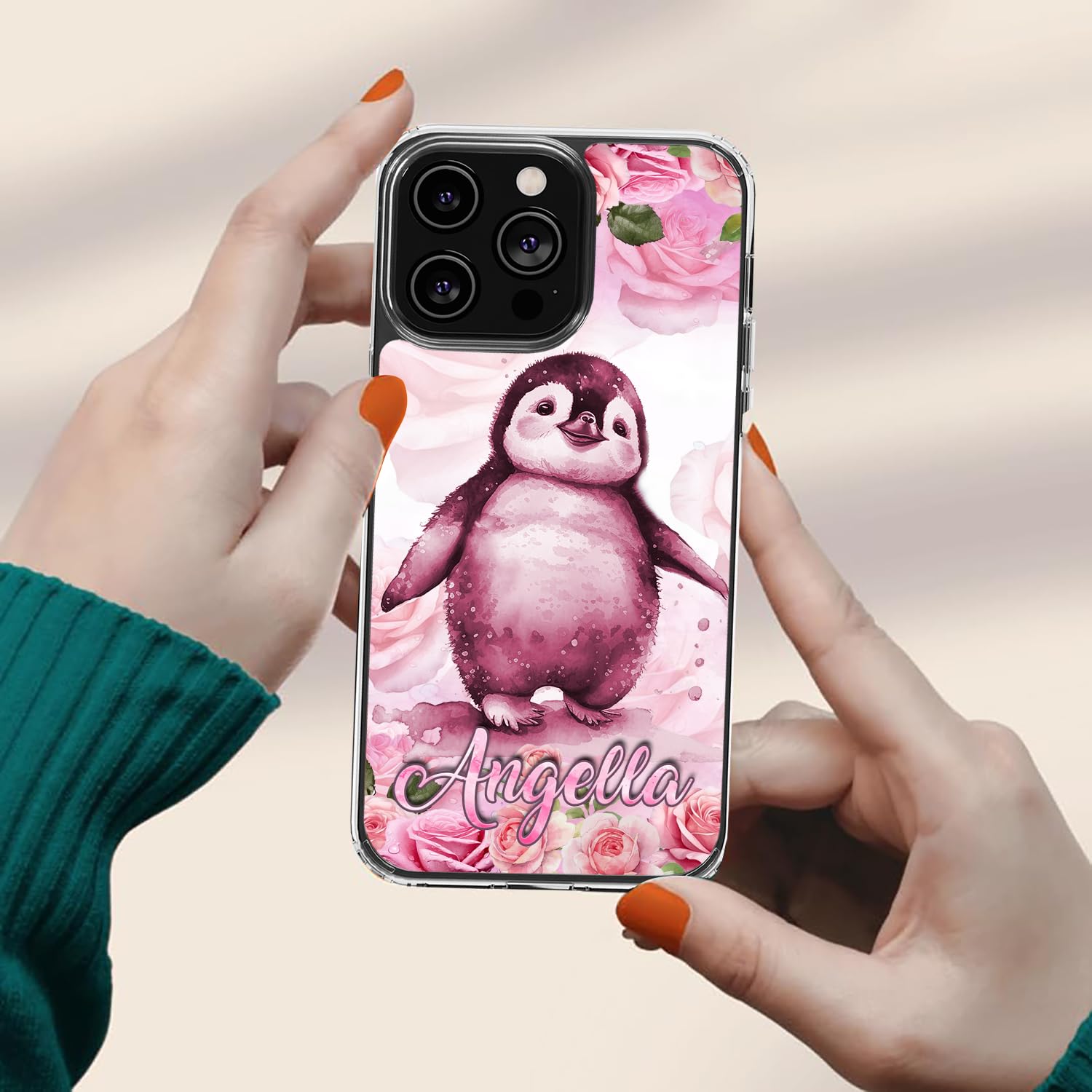 Dorris Personalized Penguin Phone Case Customized Name Penguins Pink Flowers Style Cover TPU Hard PC Shockproof Gift Birthday for Animal Lovers Compatible with iPhone 14 13 12 11 Plus Mini Pro Max - Image 5