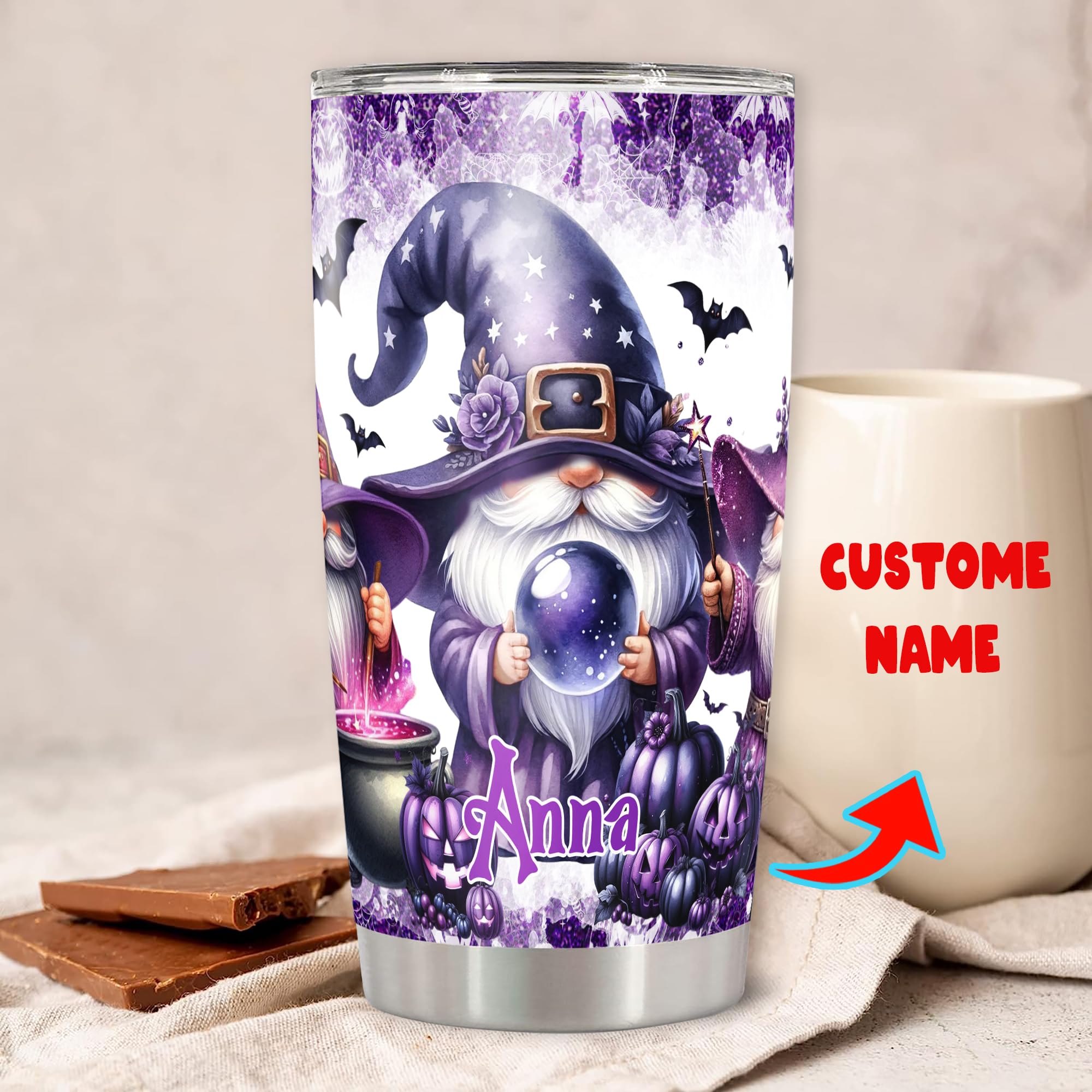 Halloween Gnome Tumbler Custom Name Travel Mug Coffee Insulated Cup with Lid Stainless Steel 20Oz 30Oz Personalized Fall Gifts for Men Women Thanksgiving - Image 2