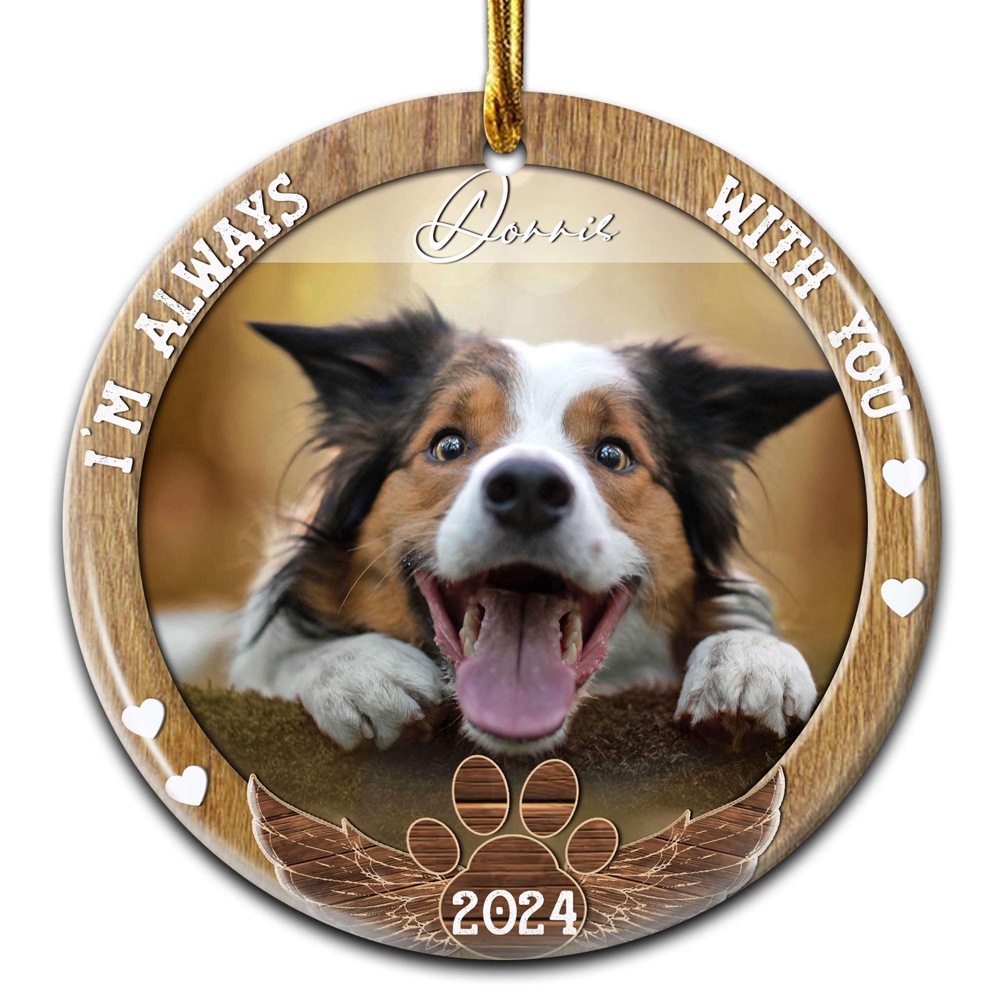 I am Always with You - Personalized Custom Shaped Ceramic Photo Ornament, Memorial Christmas Ornaments 2025 Loving Memory Angel Wings Customized Name & Picture Dog Cat Xmas Gift for Loss of A Pet