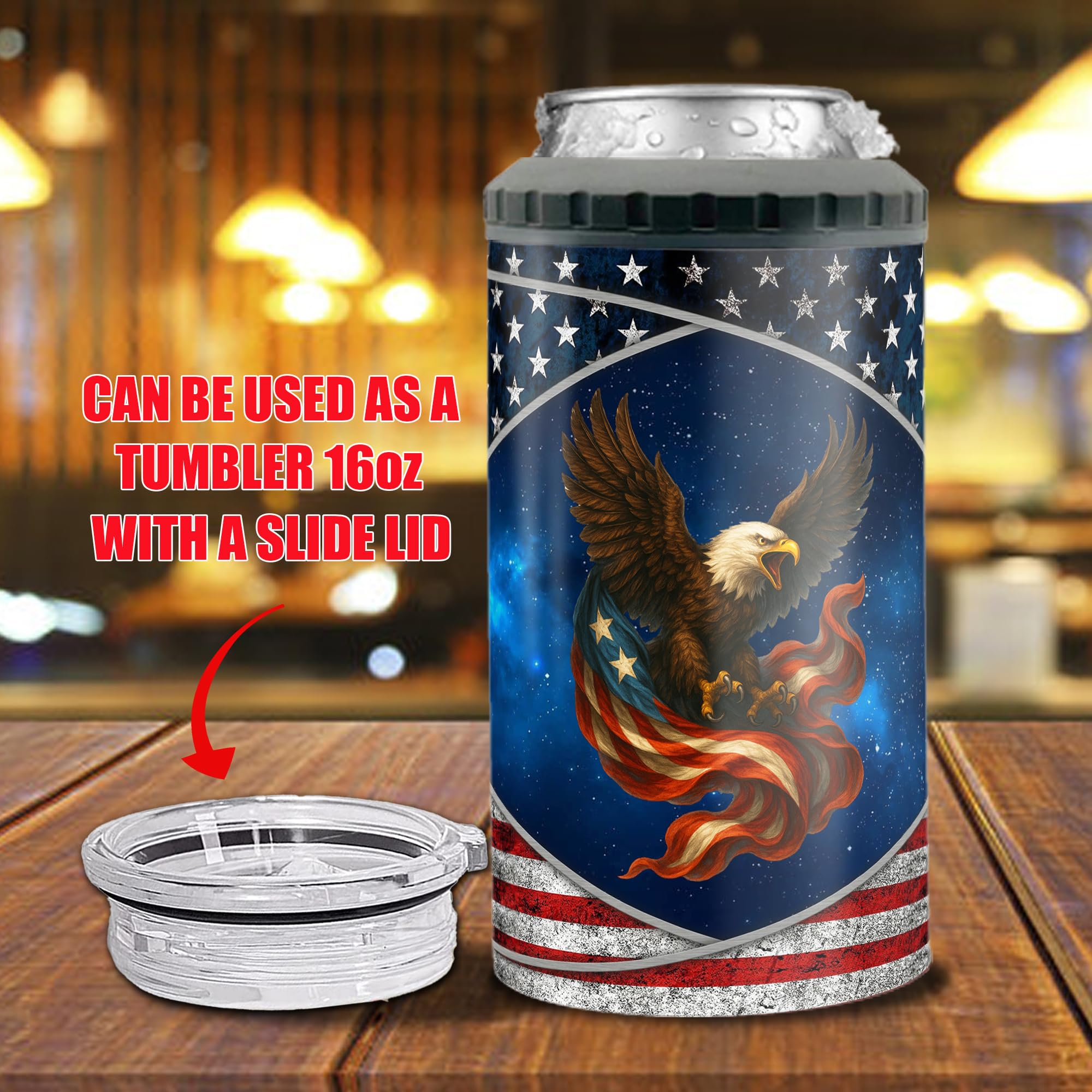 Personalized American Flag Can Cooler 4-in-1 Eagles America USA Flag Tumbler Travel Coffee Mug Cup with Lid Stainless Steel 16oz Gifts for Men Women Veteran Day 4th Of July - Image 4