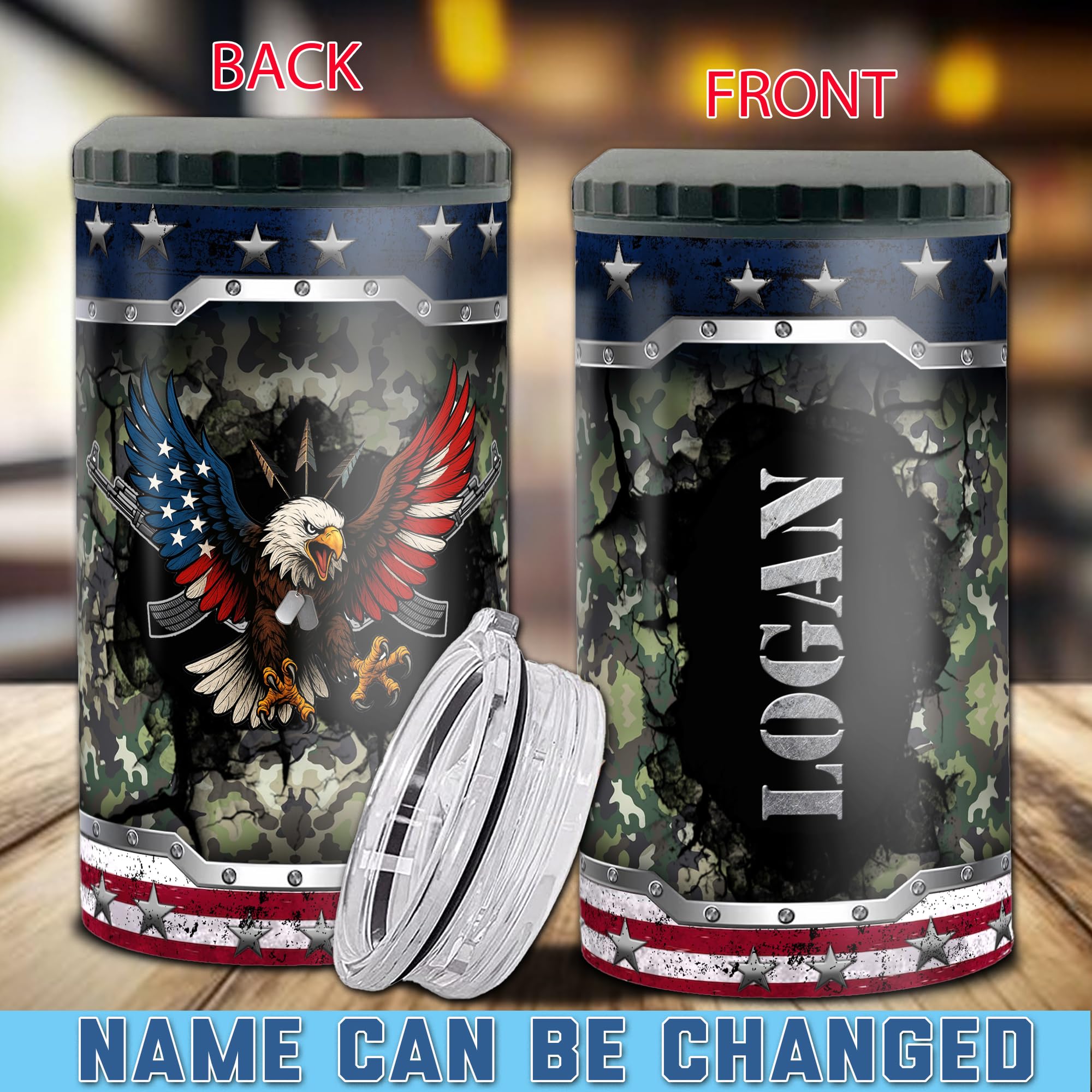 Personalized American Flag Can Cooler Tumbler 4-in-1 Insulated Holder Cups 16oz Stainless Steel with Lid Veteran Gifts for Men Husband Fathers Day - Image 2