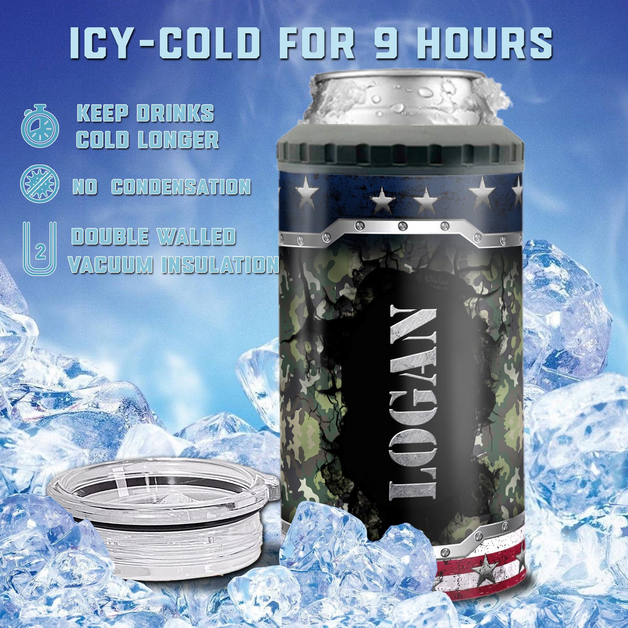 Personalized American Flag Can Cooler Tumbler 4-in-1 Insulated Holder Cups 16oz Stainless Steel with Lid Veteran Gifts for Men Husband Fathers Day - Image 5