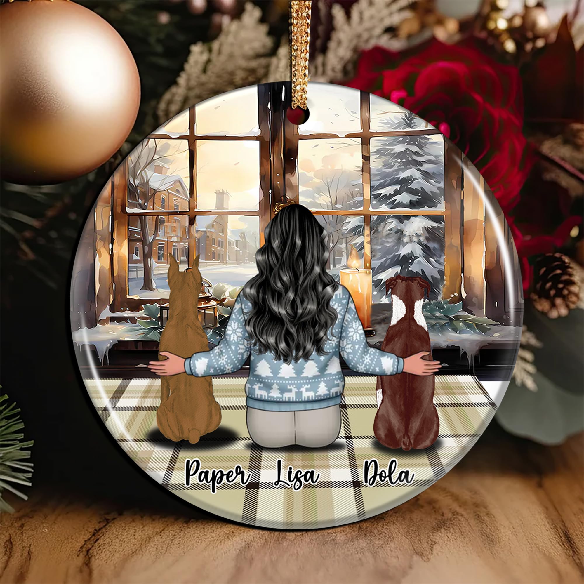 Personalized Christmas Ornament with Person and 2-Dog Portrait Custom Name Dogs Mom Round Ceramic Ornaments Perfect for Pet Lovers Girl Women Friend Family Decorations Xmas Tree - Image 2