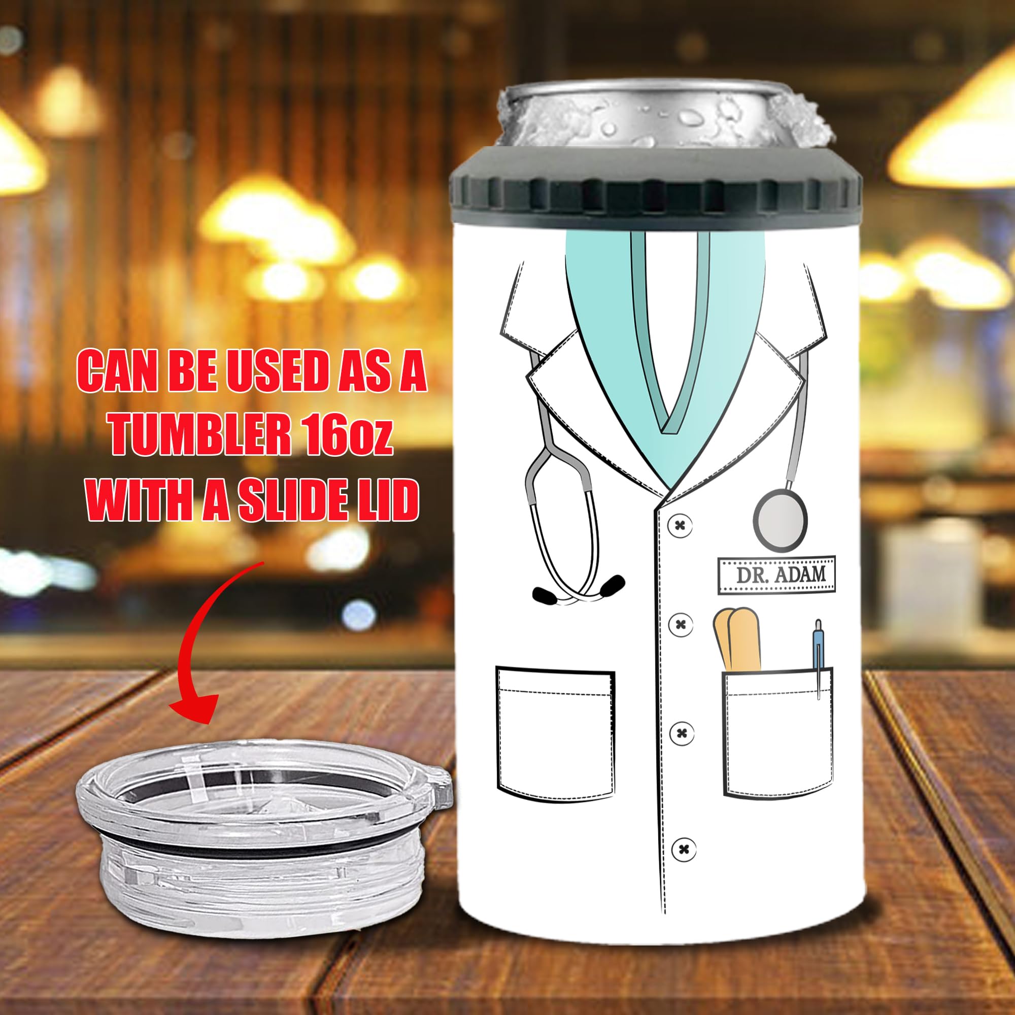 Personalized Doctor Nutrition Facts Can Cooler 4 in 1 Holder Cup with Lids Customized Name 16oz Beer Drinking Gifts for Men Women Medical School Students Fathers Day Birthday - Image 4