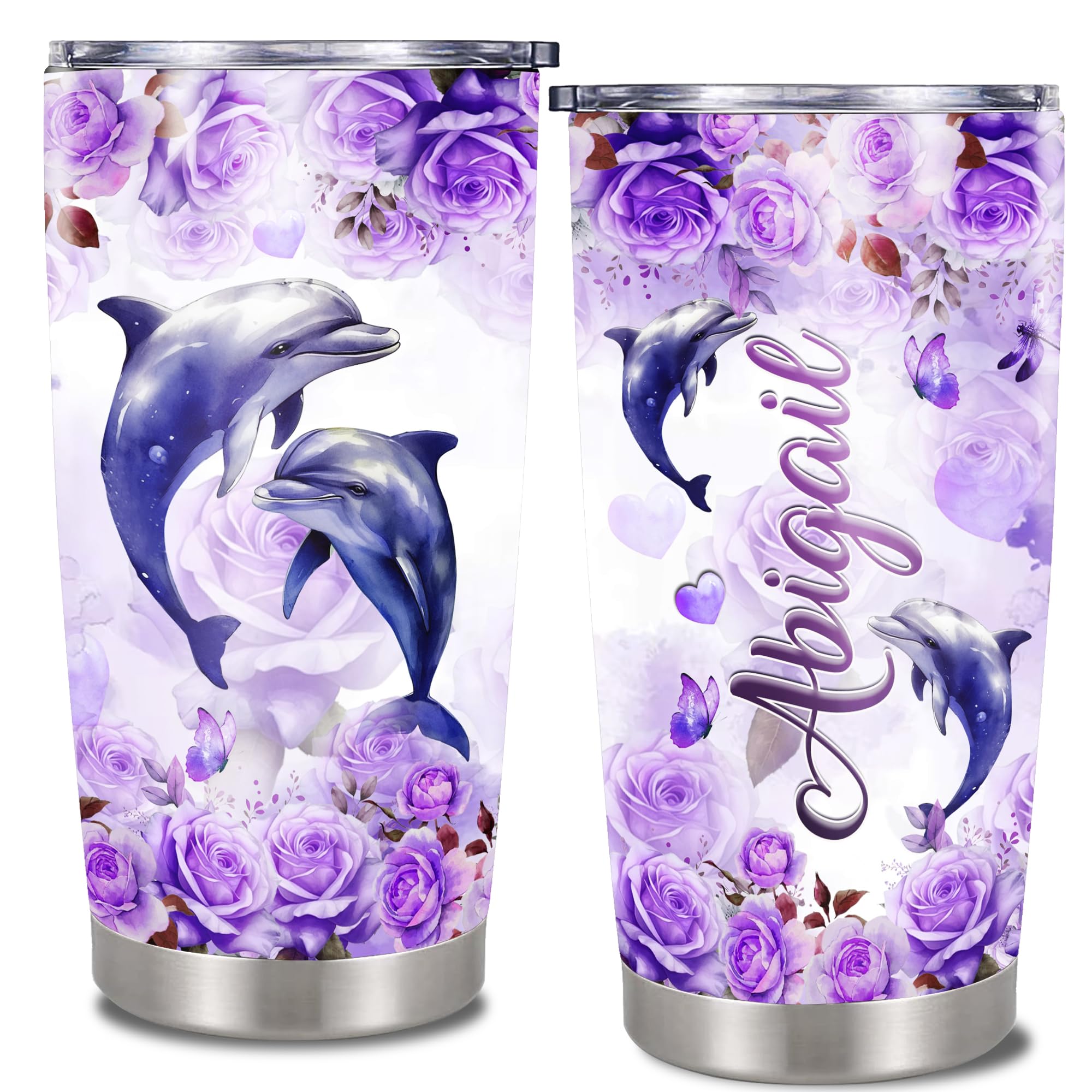 Personalized Dolphin Tumbler With Lid Customized Name Stainless Steel Double Vacuum Travel Coffee Mug Insulated Cup 20oz 30oz Dolphin Gifts for Women Birthday