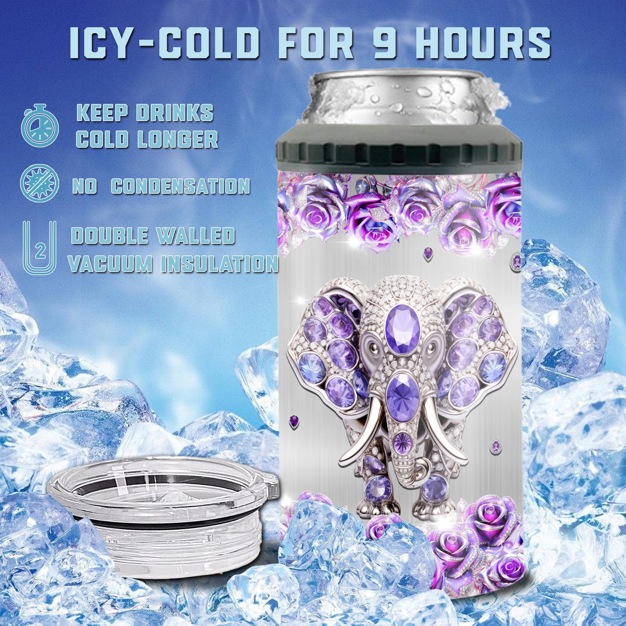 Personalized Elephant Can Cooler 4-in-1 Insulated 16oz Stainless Steel Tumbler With Lid Elephants Jewelry Style Coffee Cup Holder Custom Name Gifts For Women Birthday Christmas Valentine Mothers Day - Image 5