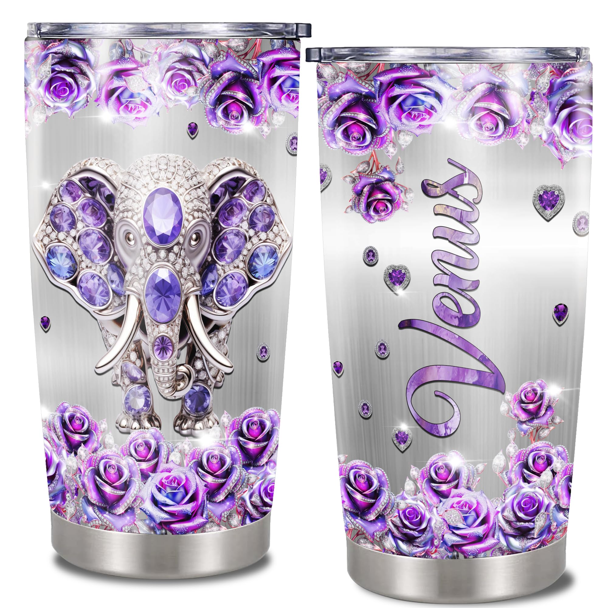 Personalized Elephant Insulated Cup Tumbler Custom Name Flower Jewelry Style Animal Coffee Travel Mug Gifts For Girls Women Elephants Lovers Birthday Christmas Mothers Day Tumblers 20oz 30oz With Lid