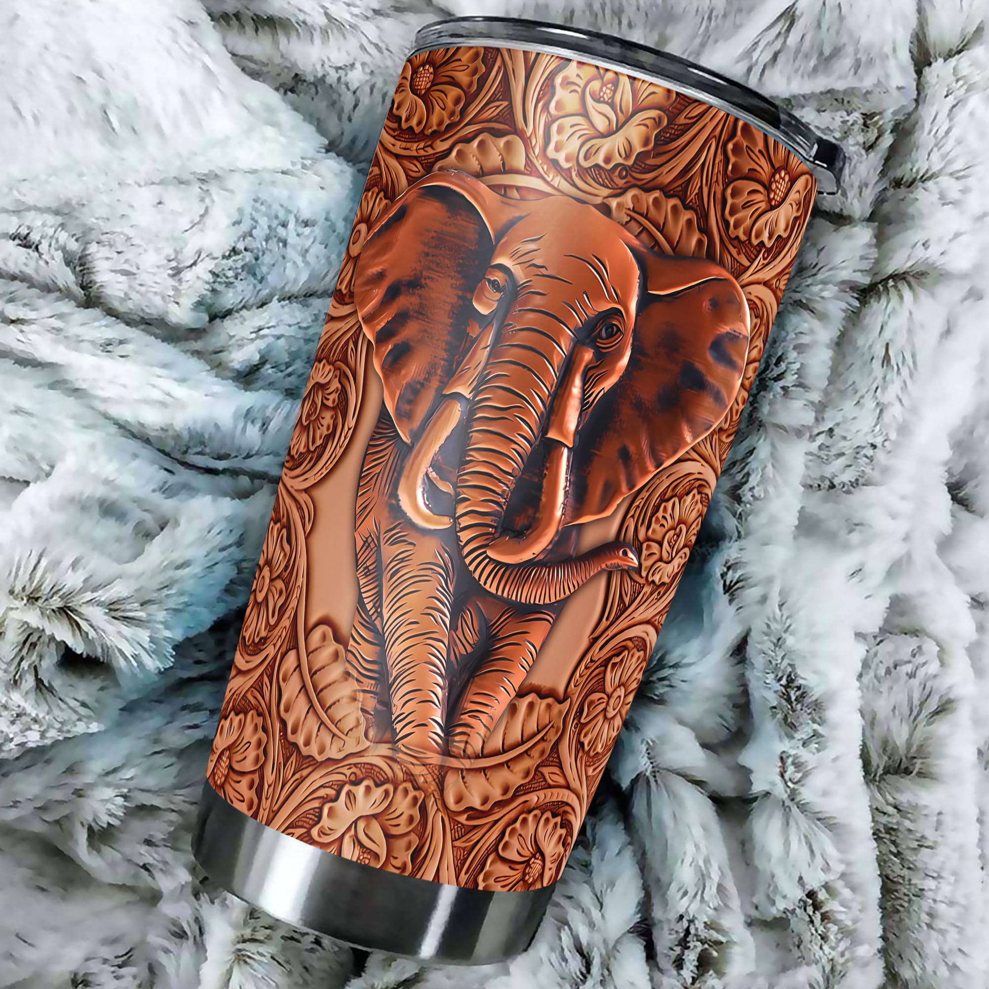 Personalized Elephant Tumbler Customized Name Cups With Lid Wood Drawing Style Stainless Steel Insulated Coffee Mug Gift for Girl Daughter Sister Animal Lovers Christmas Birthday - Image 5