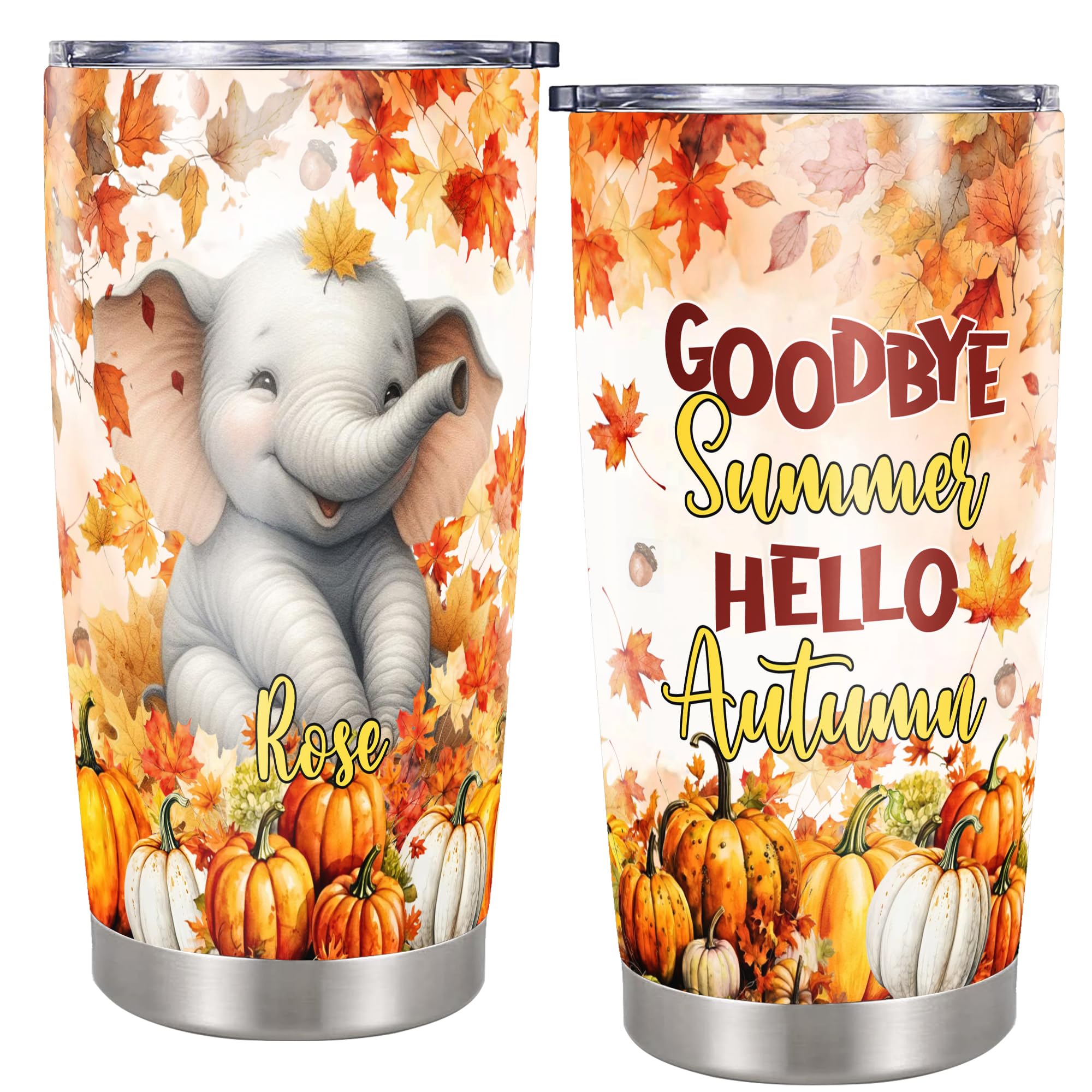 Personalized Fall Elephant Tumbler, Custom Name 20oz 30oz Stainless Steel Travel Mug, Insulated Cup Gift for Elephants Lovers on Thanksgiving Birthday, Autumn Decor Gifts Tumblers for Farmhouse