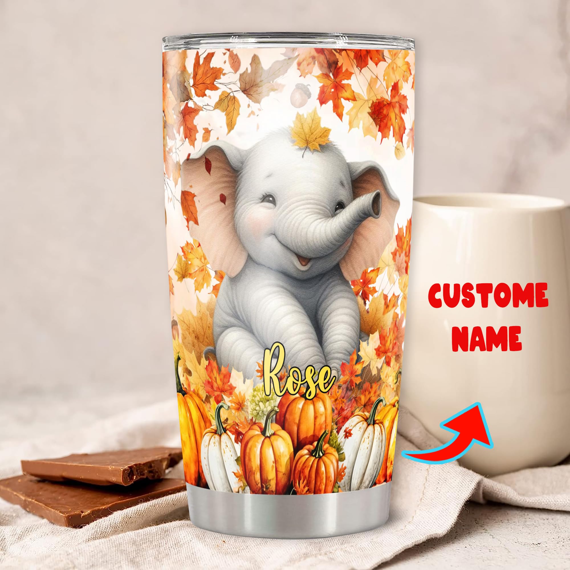 Personalized Fall Elephant Tumbler, Custom Name 20oz 30oz Stainless Steel Travel Mug, Insulated Cup Gift for Elephants Lovers on Thanksgiving Birthday, Autumn Decor Gifts Tumblers for Farmhouse - Image 2