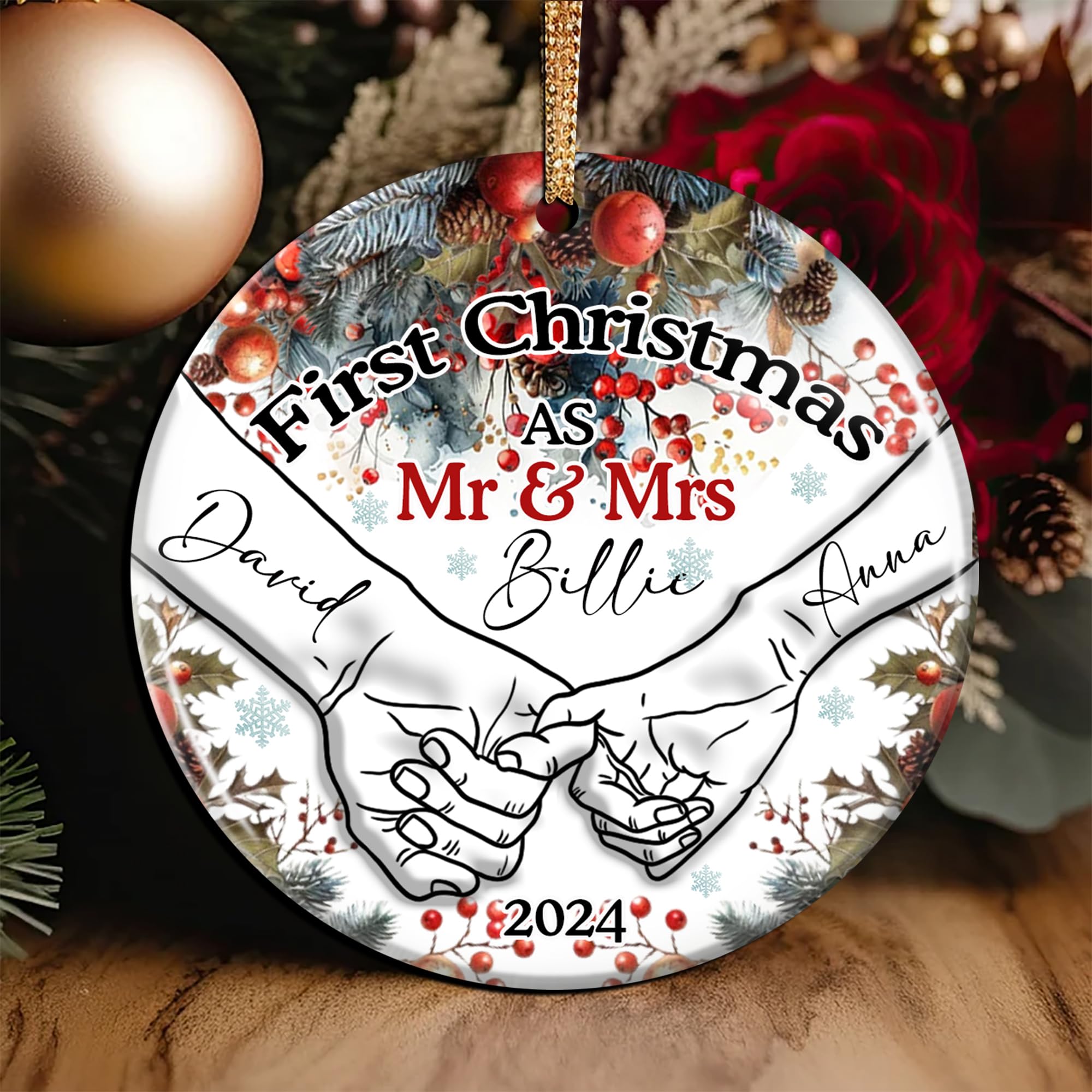 Personalized First Christmas as Mr and Mrs Ornaments 2024 Custom Name Holding Hands 1st Xmas Ceramic Ornament Wedding Bridal Shower Gifts for Couples Bride Groom Newlyweds Just Married - Image 2