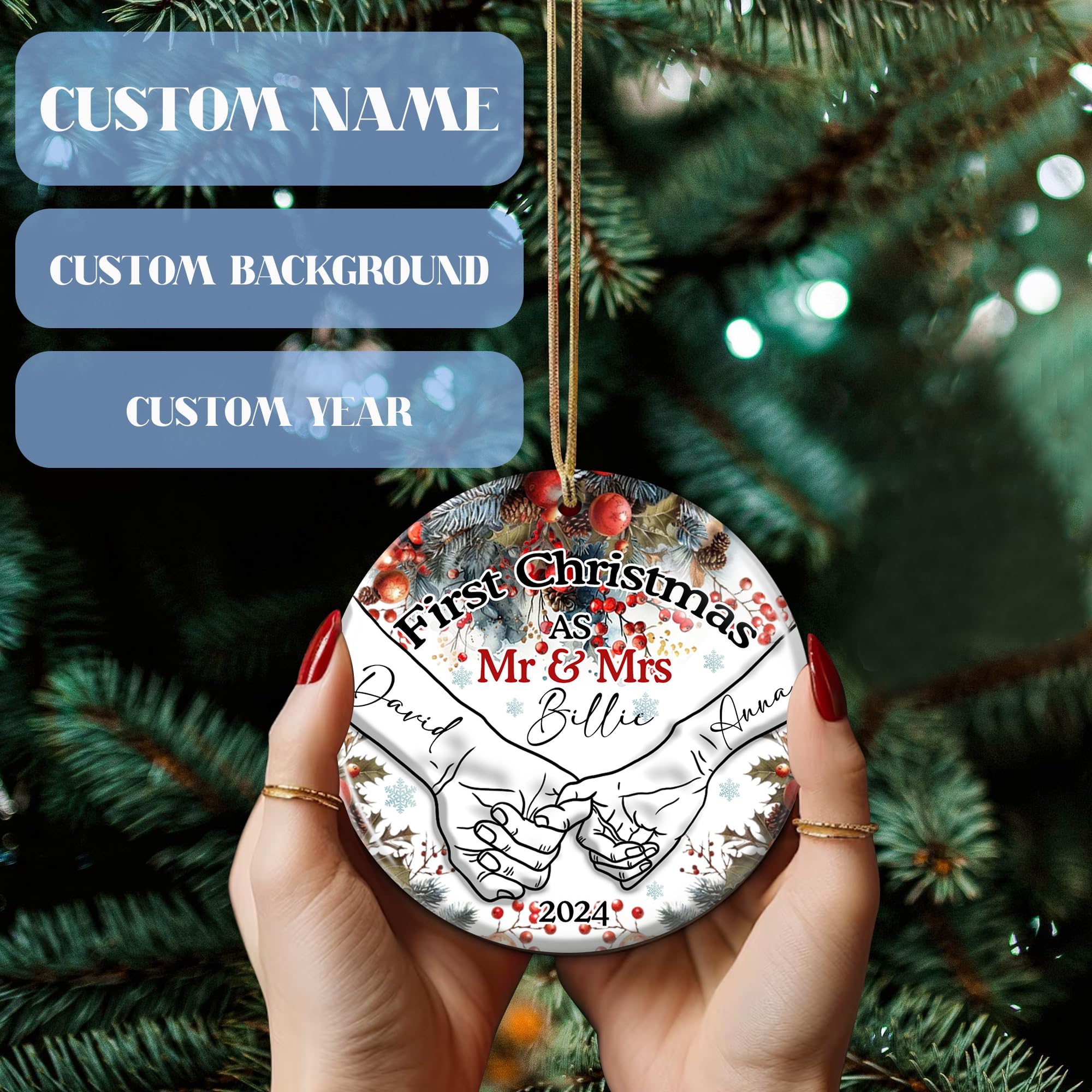 Personalized First Christmas as Mr and Mrs Ornaments 2024 Custom Name Holding Hands 1st Xmas Ceramic Ornament Wedding Bridal Shower Gifts for Couples Bride Groom Newlyweds Just Married - Image 3