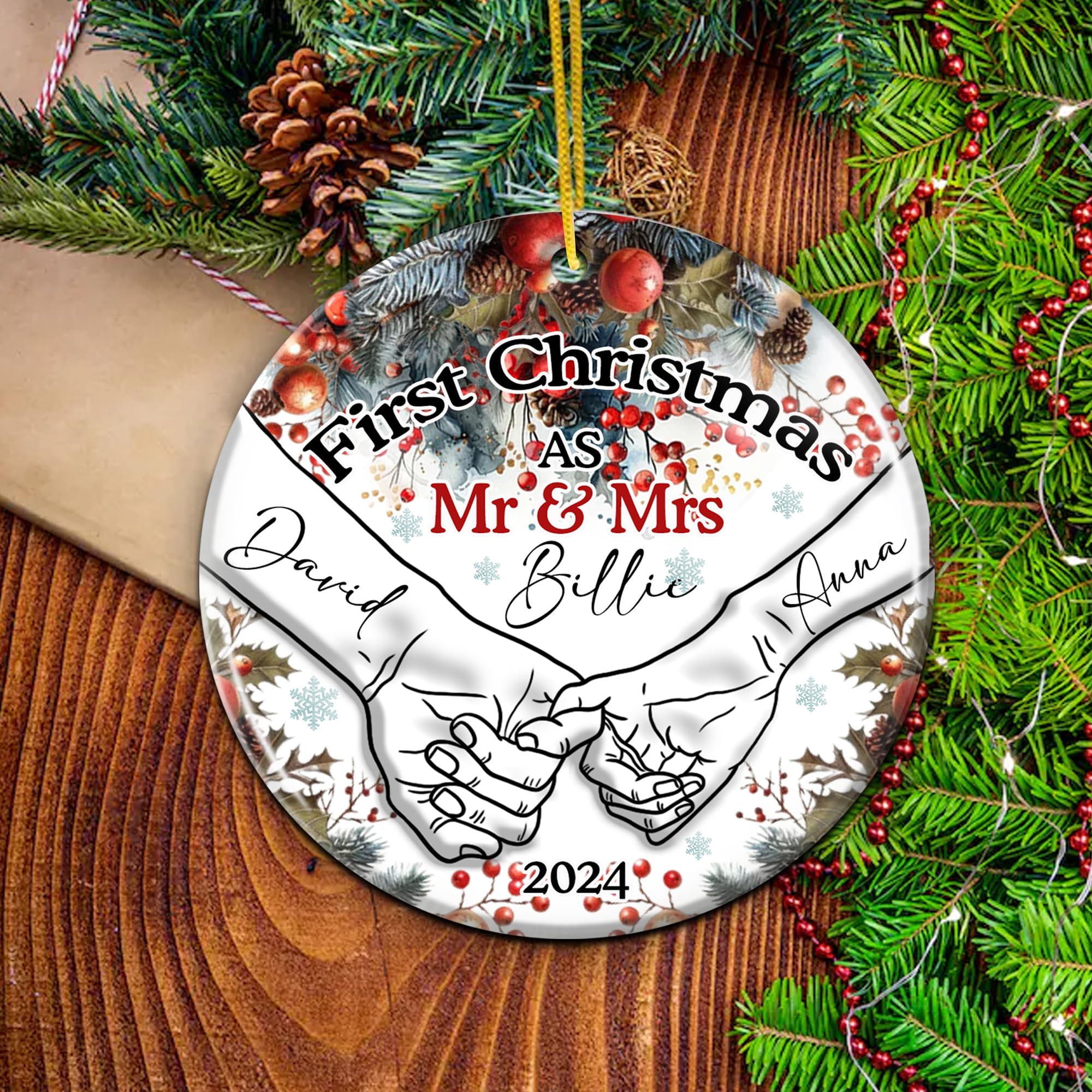 Personalized First Christmas as Mr and Mrs Ornaments 2024 Custom Name Holding Hands 1st Xmas Ceramic Ornament Wedding Bridal Shower Gifts for Couples Bride Groom Newlyweds Just Married - Image 6
