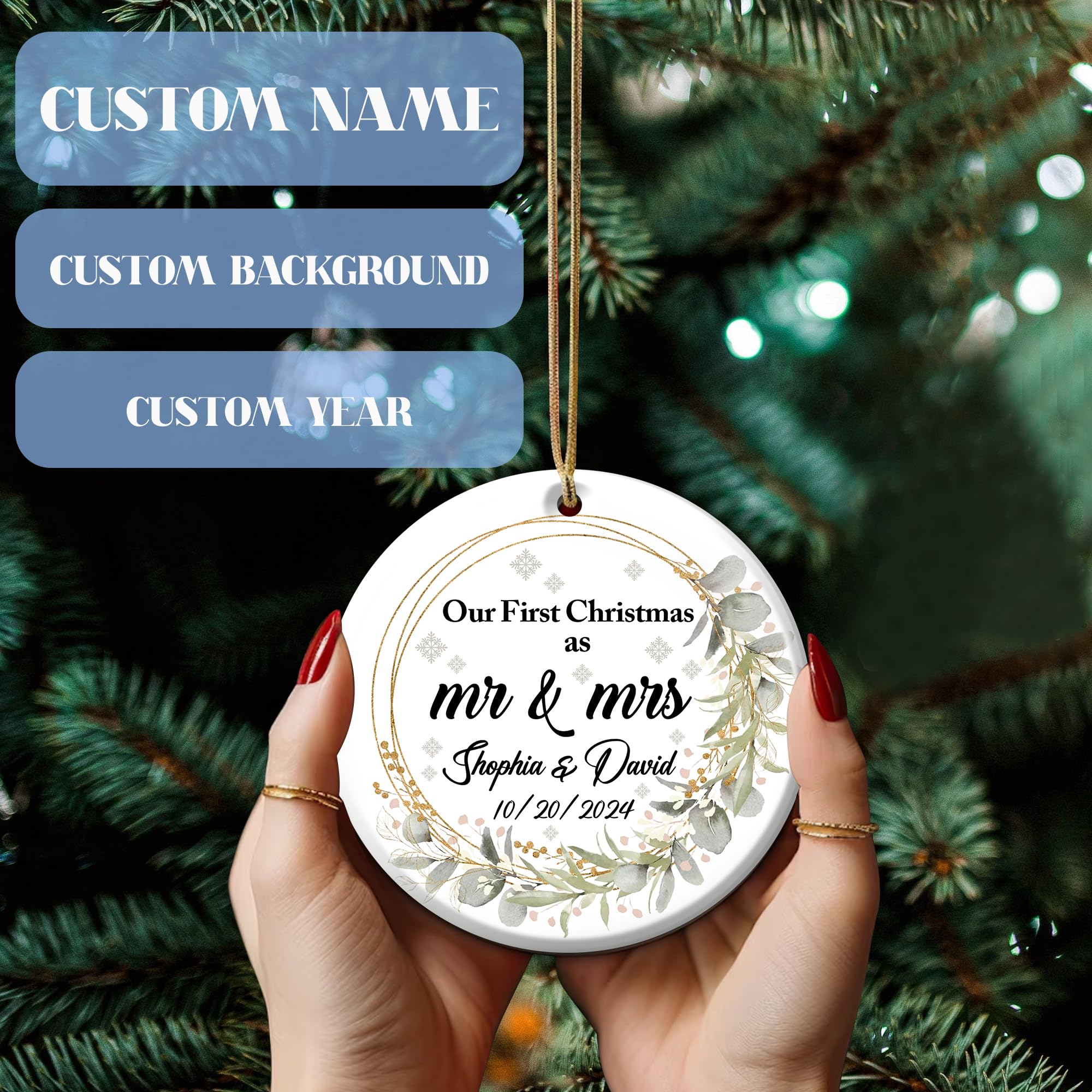 Personalized First Christmas Mr & Mrs Ornament Custom Photo Picture Marriage Wedding Gifts for Newlyweds Couple Bride Groom Husband Wife Xmas Tree 2025 Decor Print Both Side Ornaments - Image 3