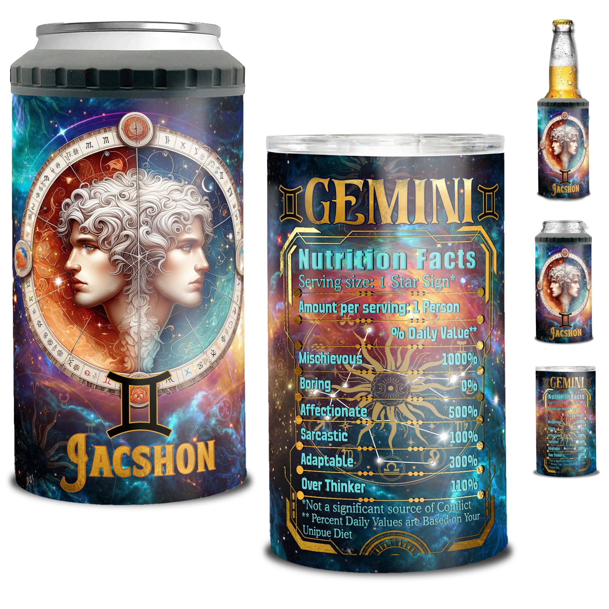 Personalized Gemini Can Cooler 4 in 1 Holder Cup with Lids Customized Name 16oz Beer Drinking Constellation Zodiac Astrology Gifts for Men Women Birthday Christmas
