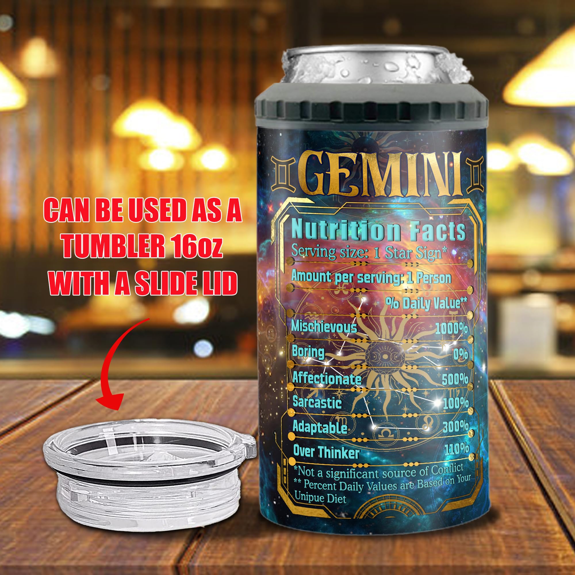Personalized Gemini Can Cooler 4 in 1 Holder Cup with Lids Customized Name 16oz Beer Drinking Constellation Zodiac Astrology Gifts for Men Women Birthday Christmas - Image 4