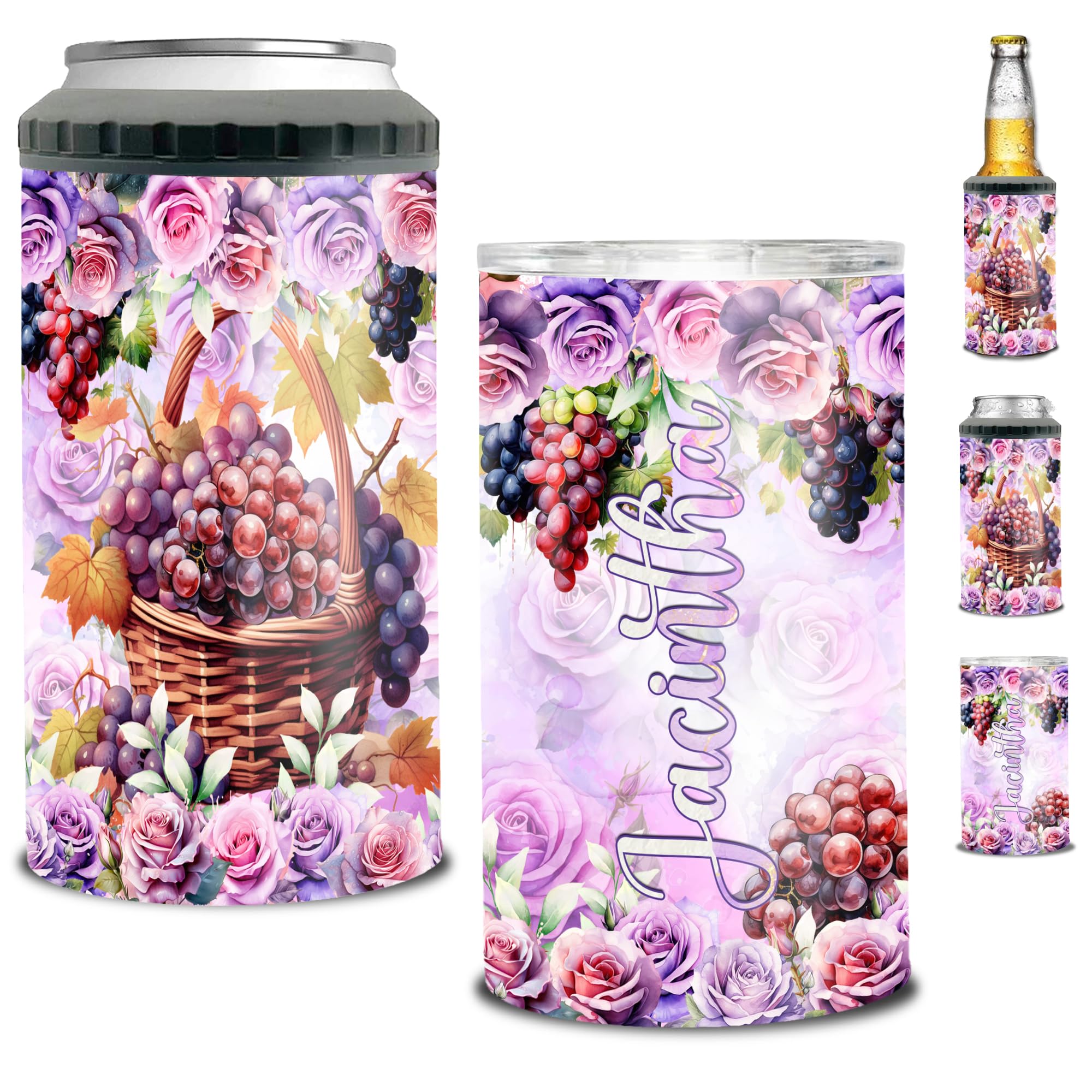 Personalized Grape Can Cooler Tumbler Customized Name Cans 4-in-1 Insulated 16oz Beer Holder Cups With Lid Water Bottle For Girls Women Fruit Lovers Gifts Christmas Birthday
