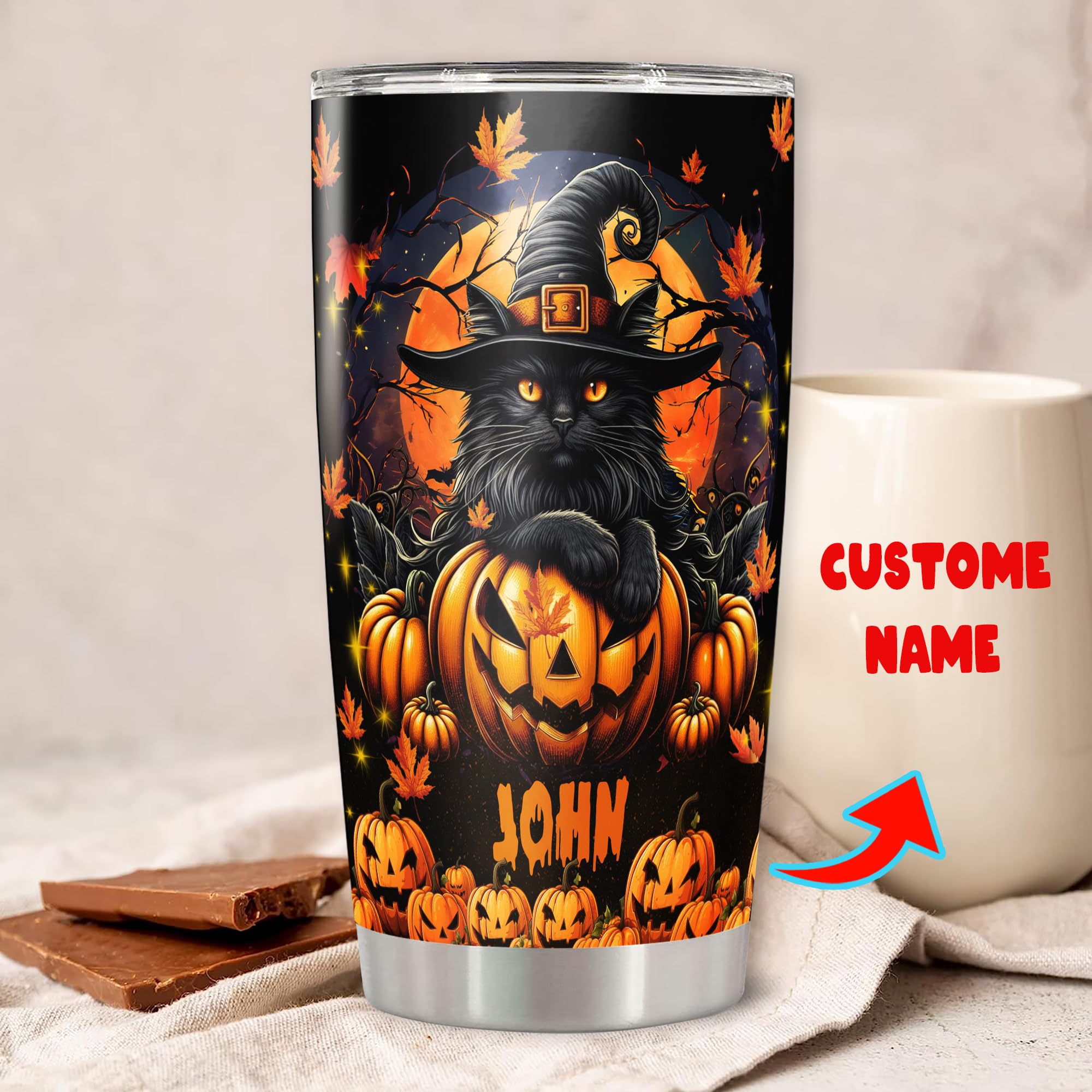 Personalized Halloween Black Cat Tumbler Custom Name Spooky Travel Mug Coffee Insulated Cup with Lid Stainless Steel 20Oz 30Oz Decor Gifts for Women Men Kids - Image 2
