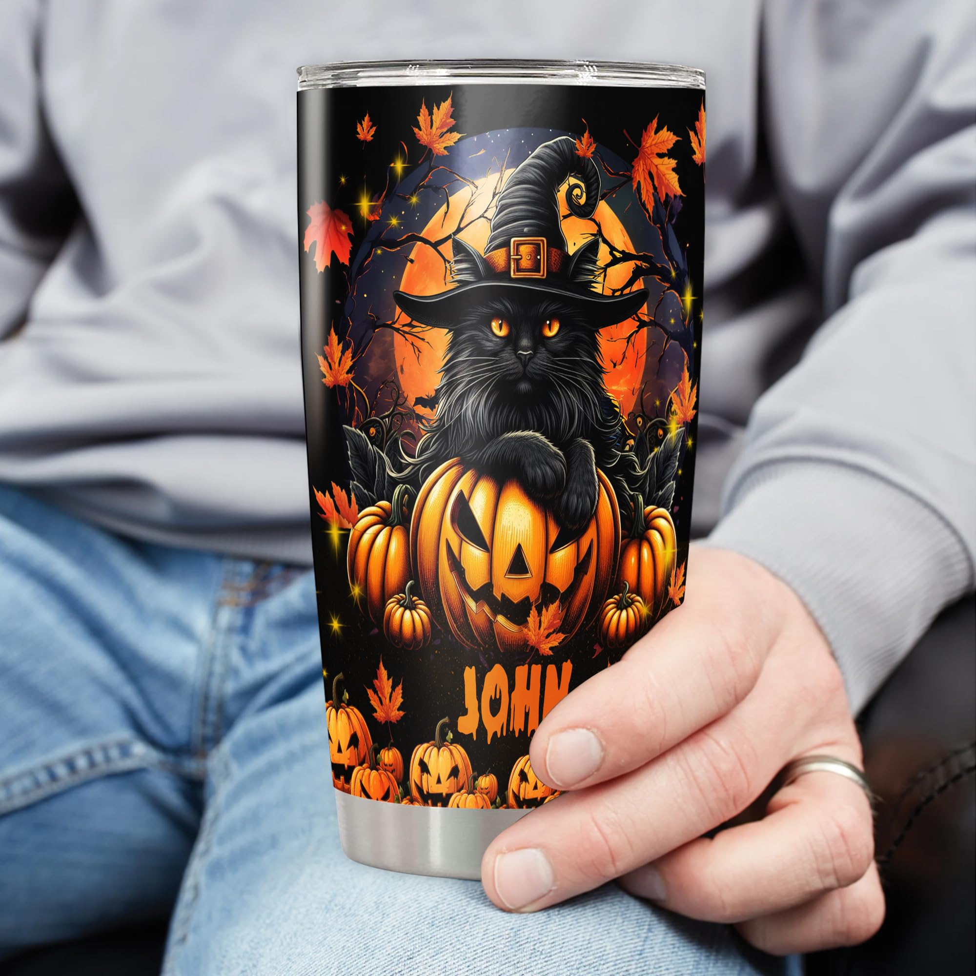 Personalized Halloween Black Cat Tumbler Custom Name Spooky Travel Mug Coffee Insulated Cup with Lid Stainless Steel 20Oz 30Oz Decor Gifts for Women Men Kids - Image 3