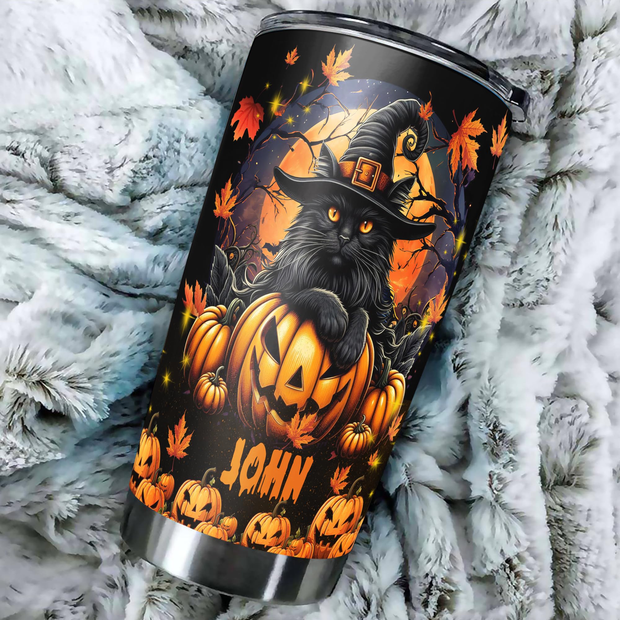 Personalized Halloween Black Cat Tumbler Custom Name Spooky Travel Mug Coffee Insulated Cup with Lid Stainless Steel 20Oz 30Oz Decor Gifts for Women Men Kids - Image 5