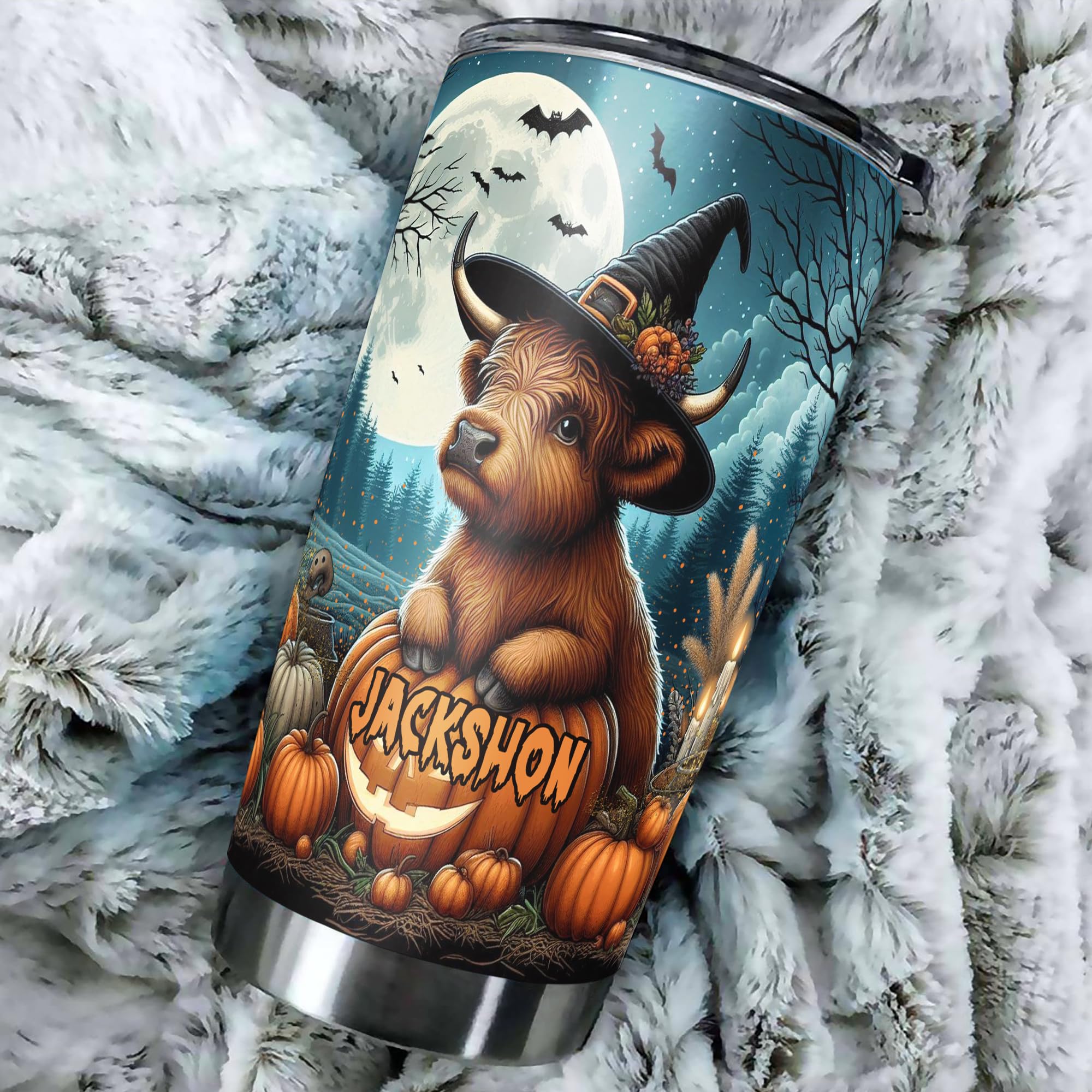 Personalized Highland Cow Halloween Tumbler Custom Name Cows Travel Mug Coffee Insulated Cup with Lid Stainless Steel 20Oz 30Oz Gifts for Women Men Girls Spooky Season - Image 5