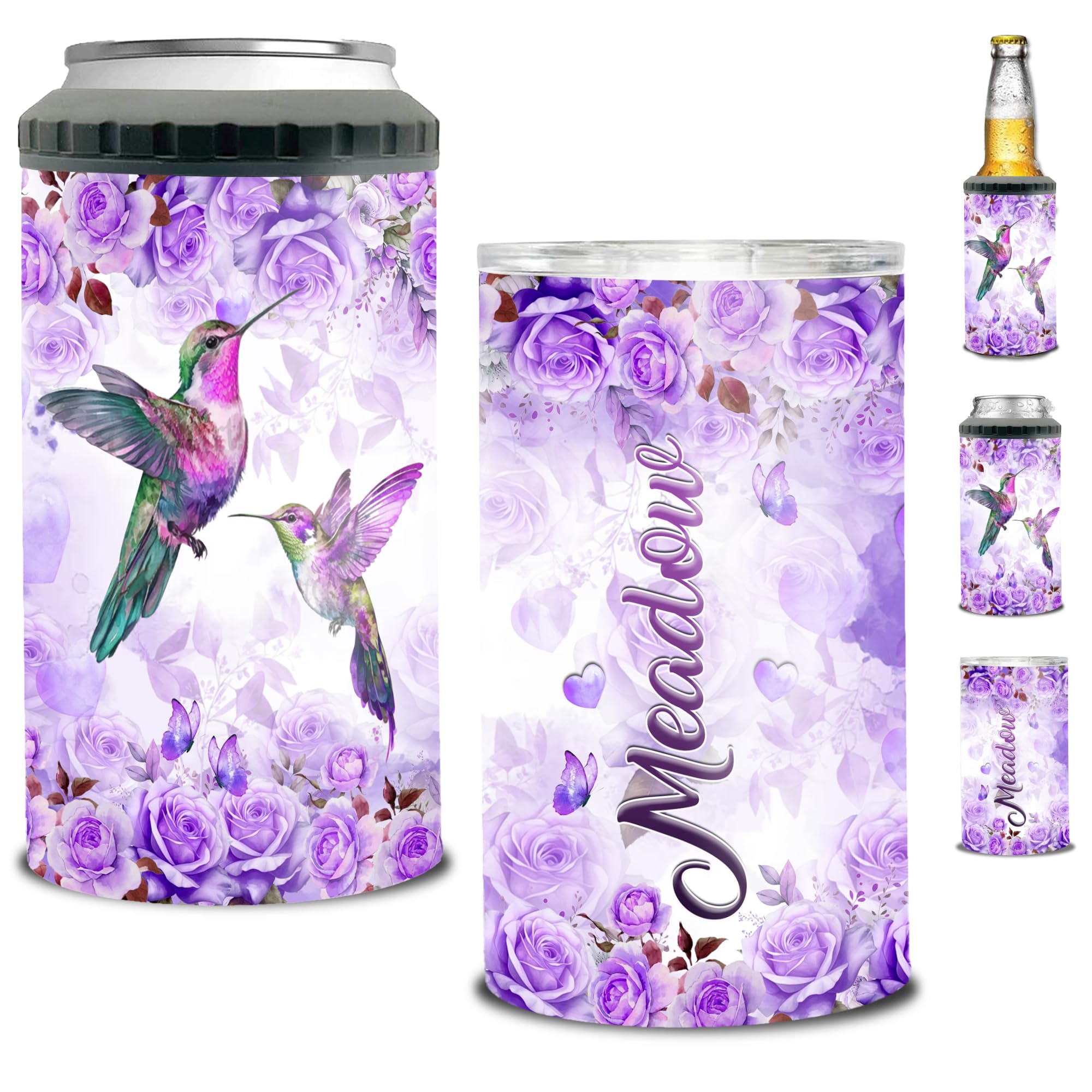 Personalized Hummingbird Flower Can Cooler 4-in-1 Stainless Steel Insulated 16oz Tumbler With Lid Custom Name For Girls Women Mothers Day Birthday Christmas Gifts Ideas Holder Cups Works All 12oz Cans