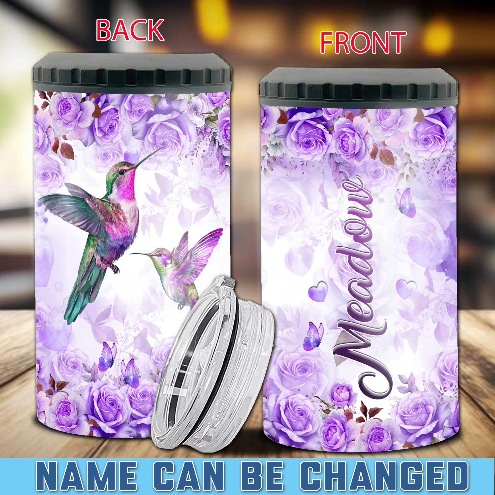 Personalized Hummingbird Flower Can Cooler 4-in-1 Stainless Steel Insulated 16oz Tumbler With Lid Custom Name For Girls Women Mothers Day Birthday Christmas Gifts Ideas Holder Cups Works All 12oz Cans - Image 2
