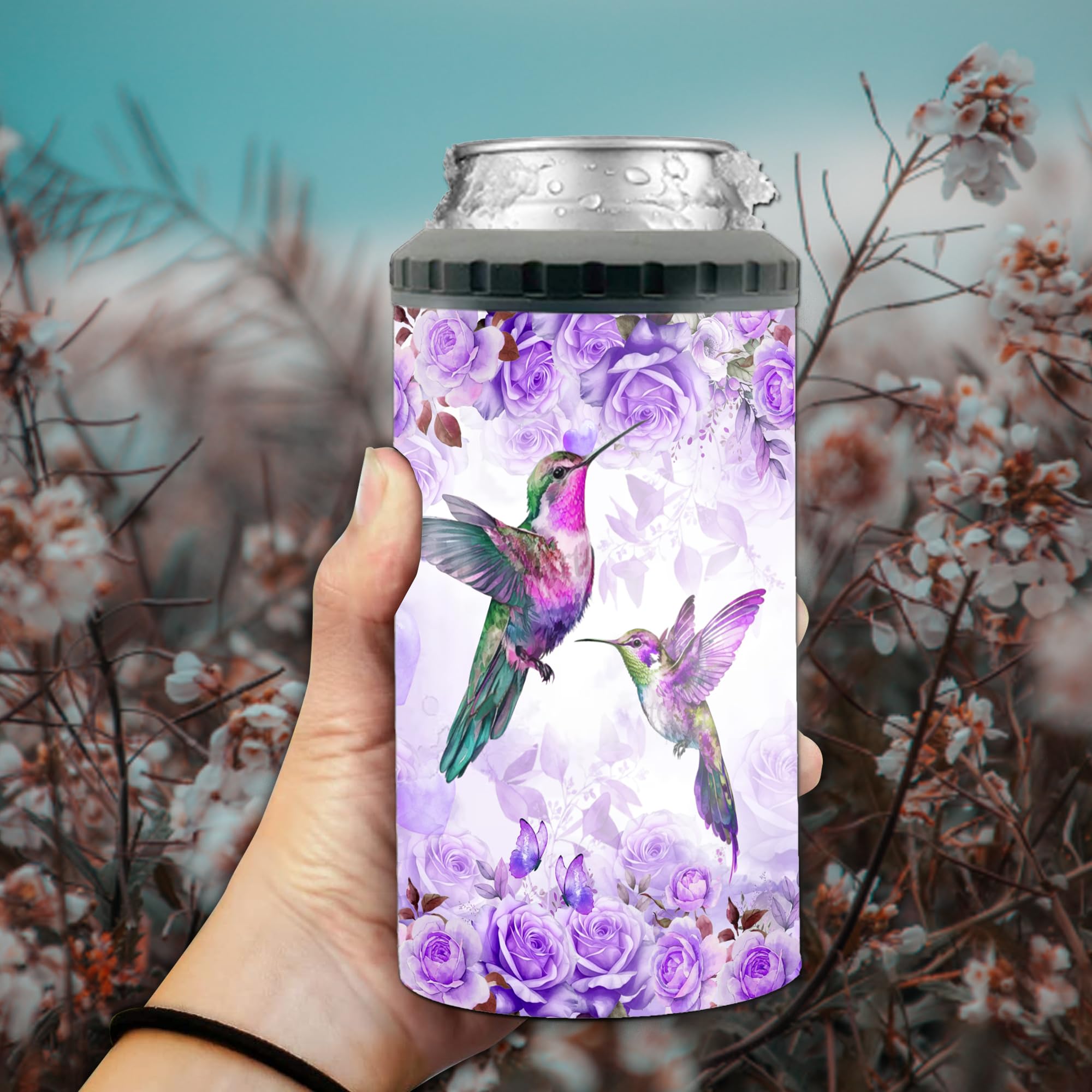Personalized Hummingbird Flower Can Cooler 4-in-1 Stainless Steel Insulated 16oz Tumbler With Lid Custom Name For Girls Women Mothers Day Birthday Christmas Gifts Ideas Holder Cups Works All 12oz Cans - Image 3